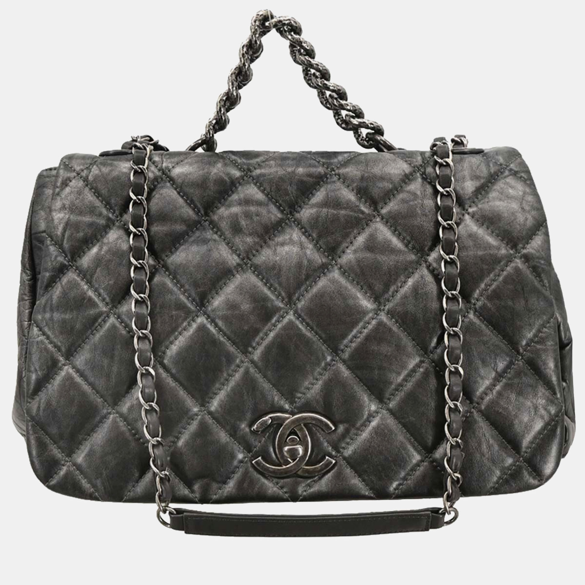 

Chanel Gray Calfskin Pondichery Flap 2way Handbag, Grey
