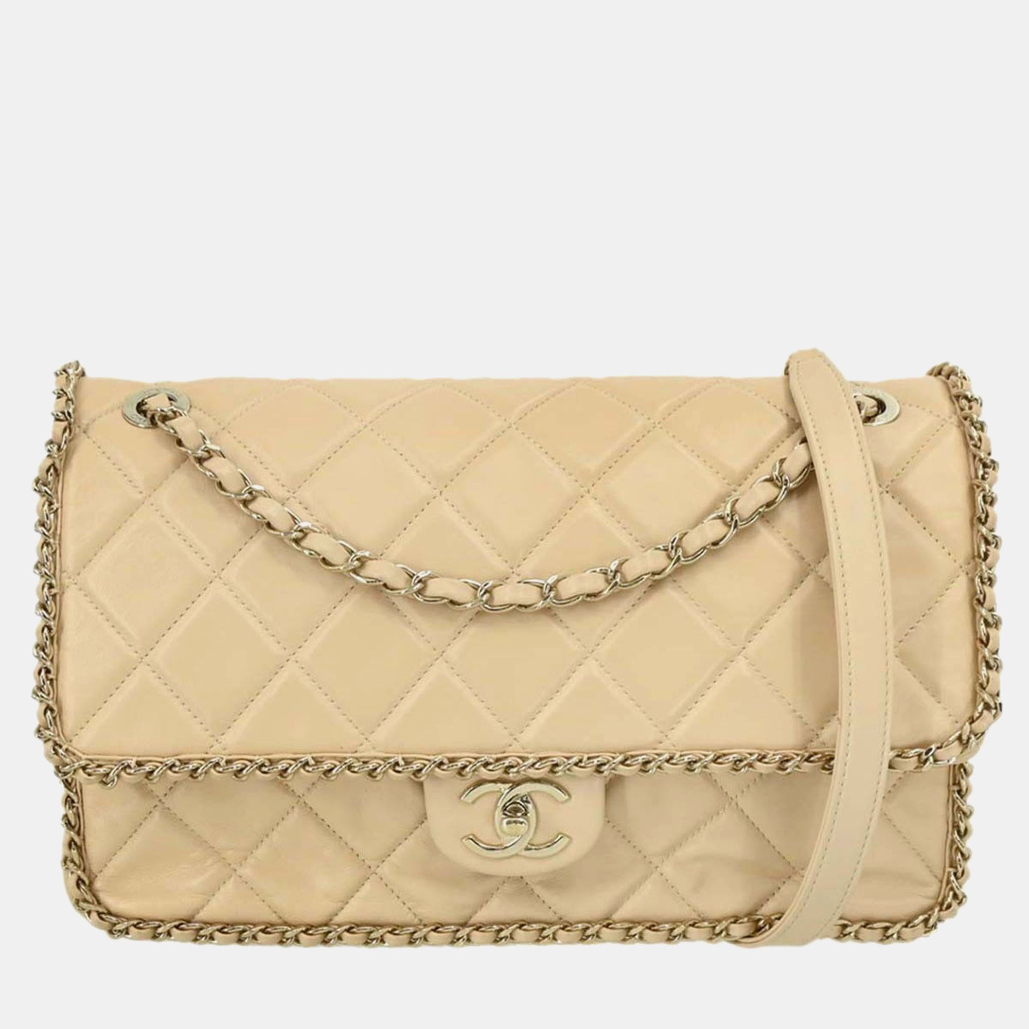 

Chanel Beige Lambskin Jumbo Chain All Over Flap Shoulder Bag