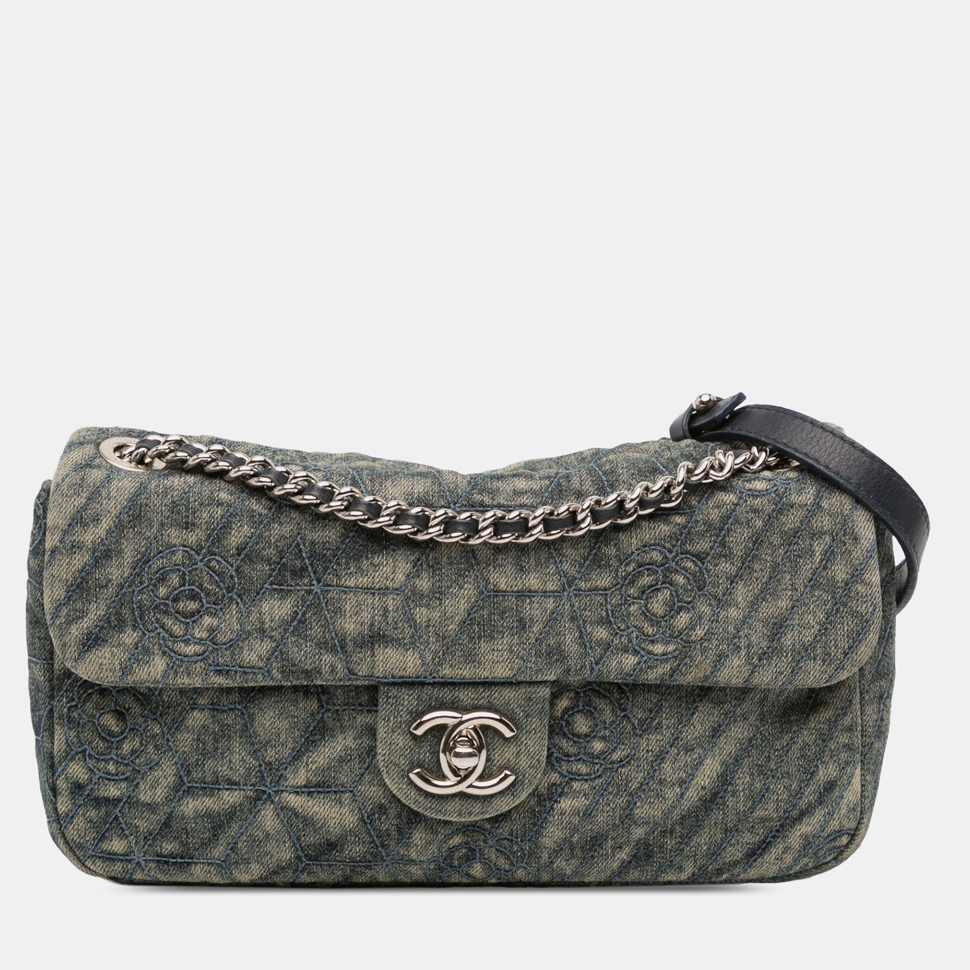 

Chanel Blue/Green Medium Embroidered Denim Camellia Flap