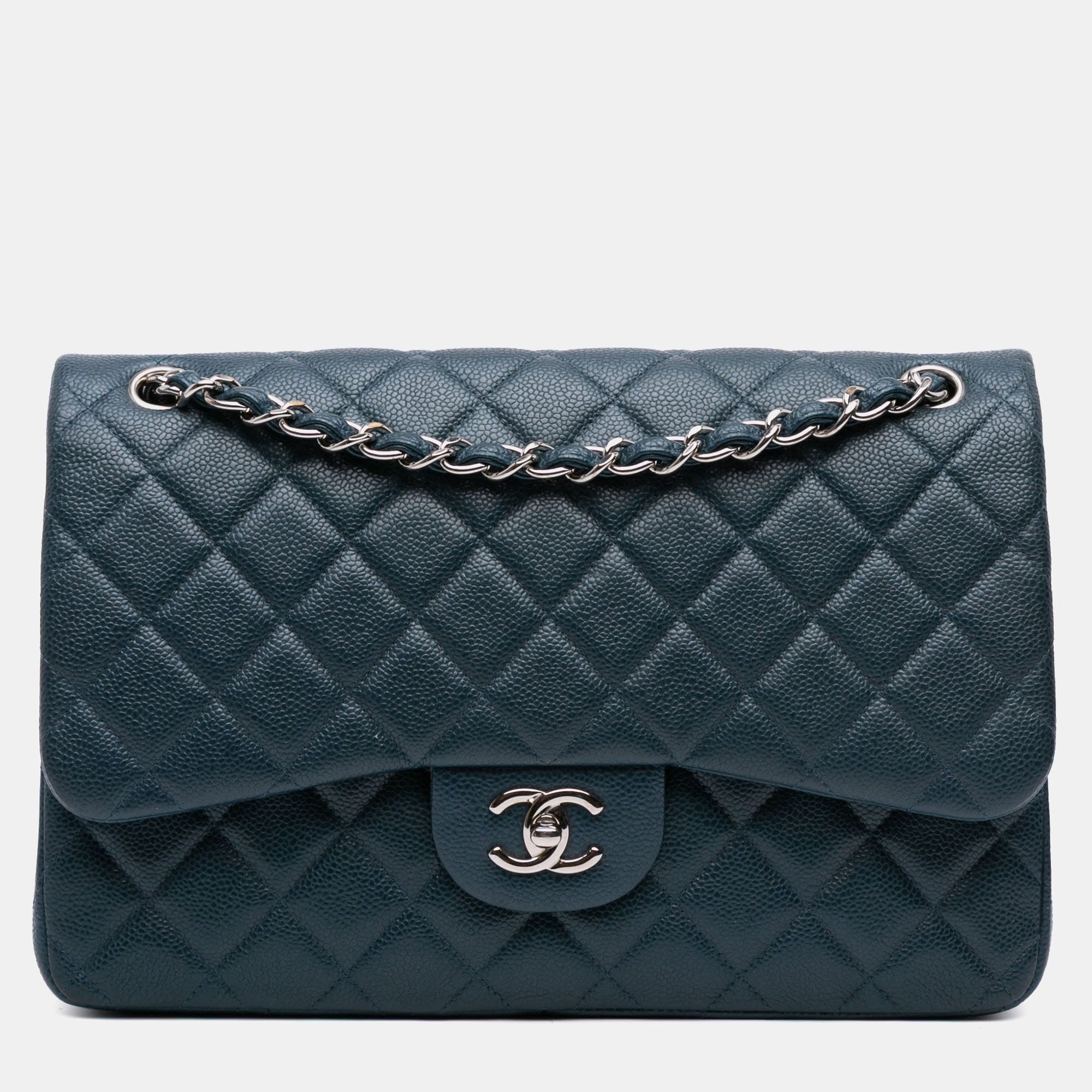 

Chanel Blue Jumbo Classic Iridescent Caviar Double Flap