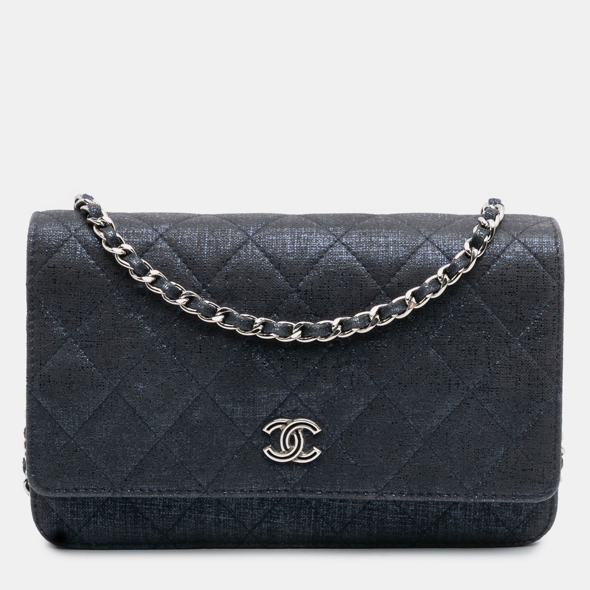 

Chanel Navy Blue CC Quilted Metallic Fabric Wallet On Chain