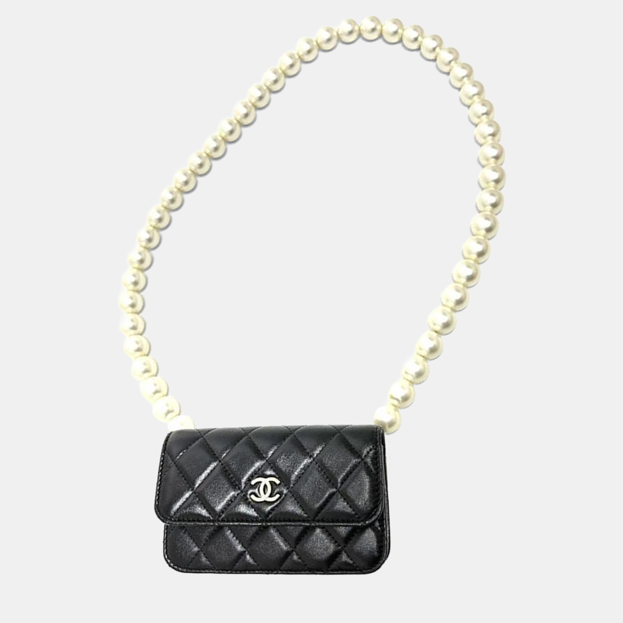 Pre-owned Chanel Cc Coco Mark Pearl Black Lambskin Long Chain Wallet