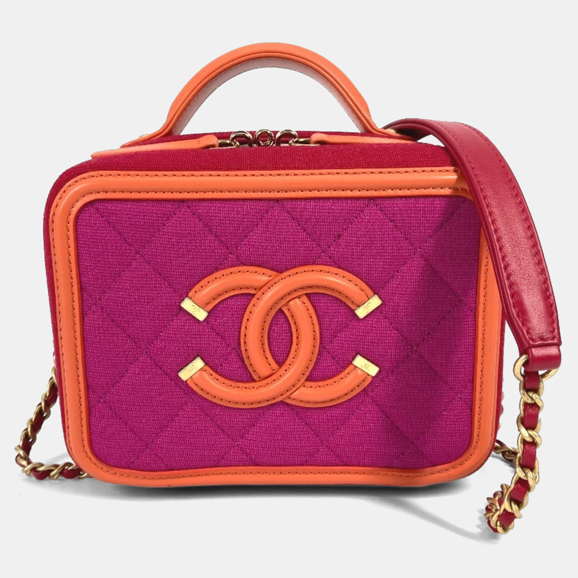 

Chanel Coco Mark Cc Filigree Orange/Red Canvas Leather 2-Way Chain Shoulder Vanity Bag