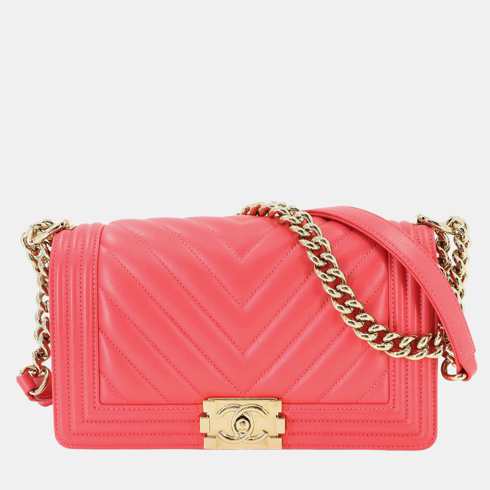 

Chanel Boy Chanel Chain Shoulder Bag Pink Lambskin Chevron V-Stitch