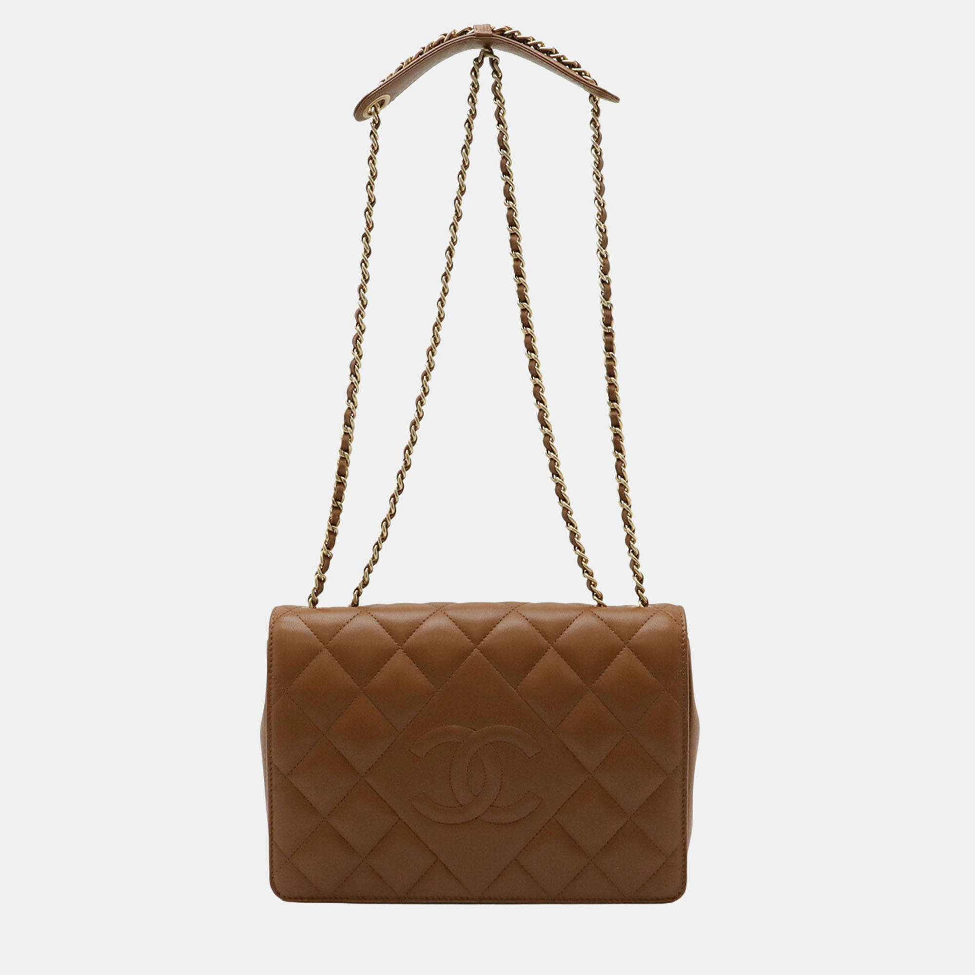 

Chanel Matelasse Coco Mark Diamond Stitch Double Chain Shoulder Bag In Brown Leather