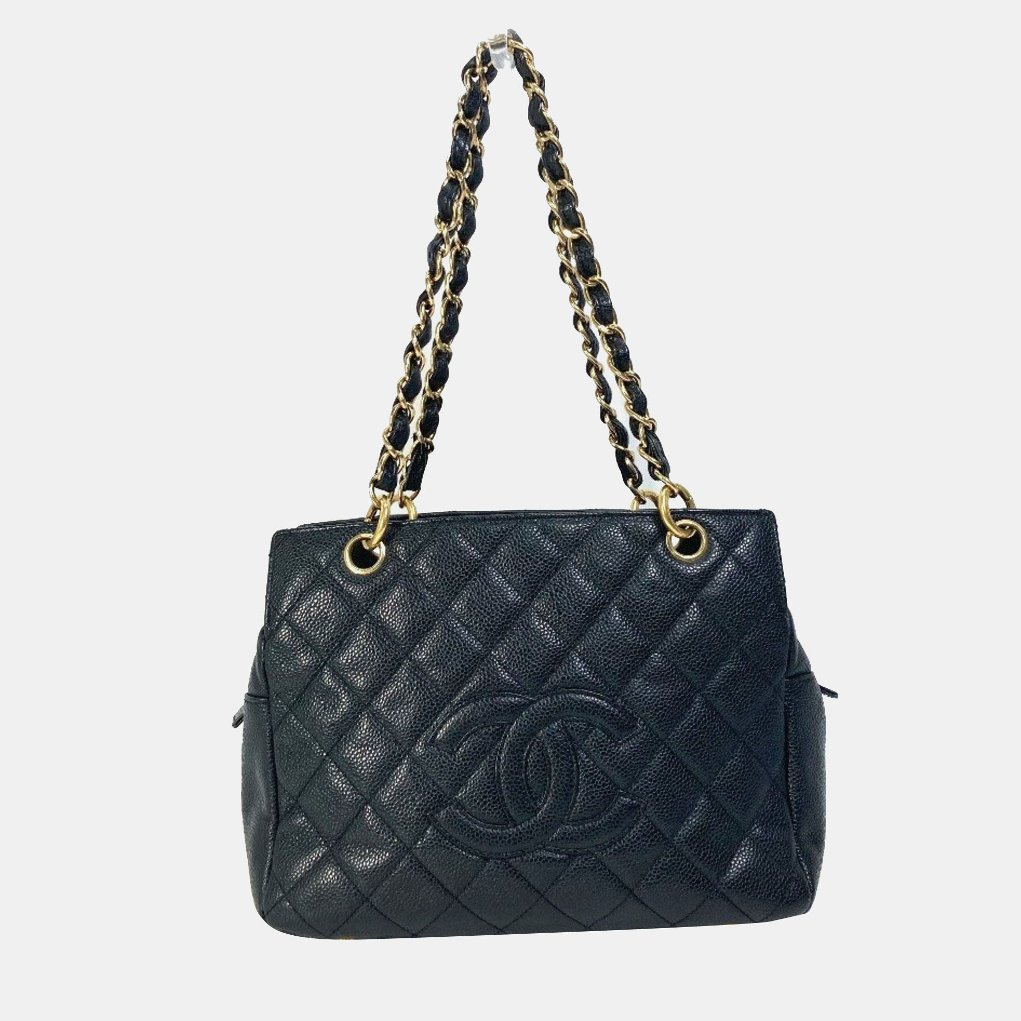 

Chanel Cc Coco Mark Matelasse Quilted Double Chain Tote Bag Shoulder Caviar Skin Black
