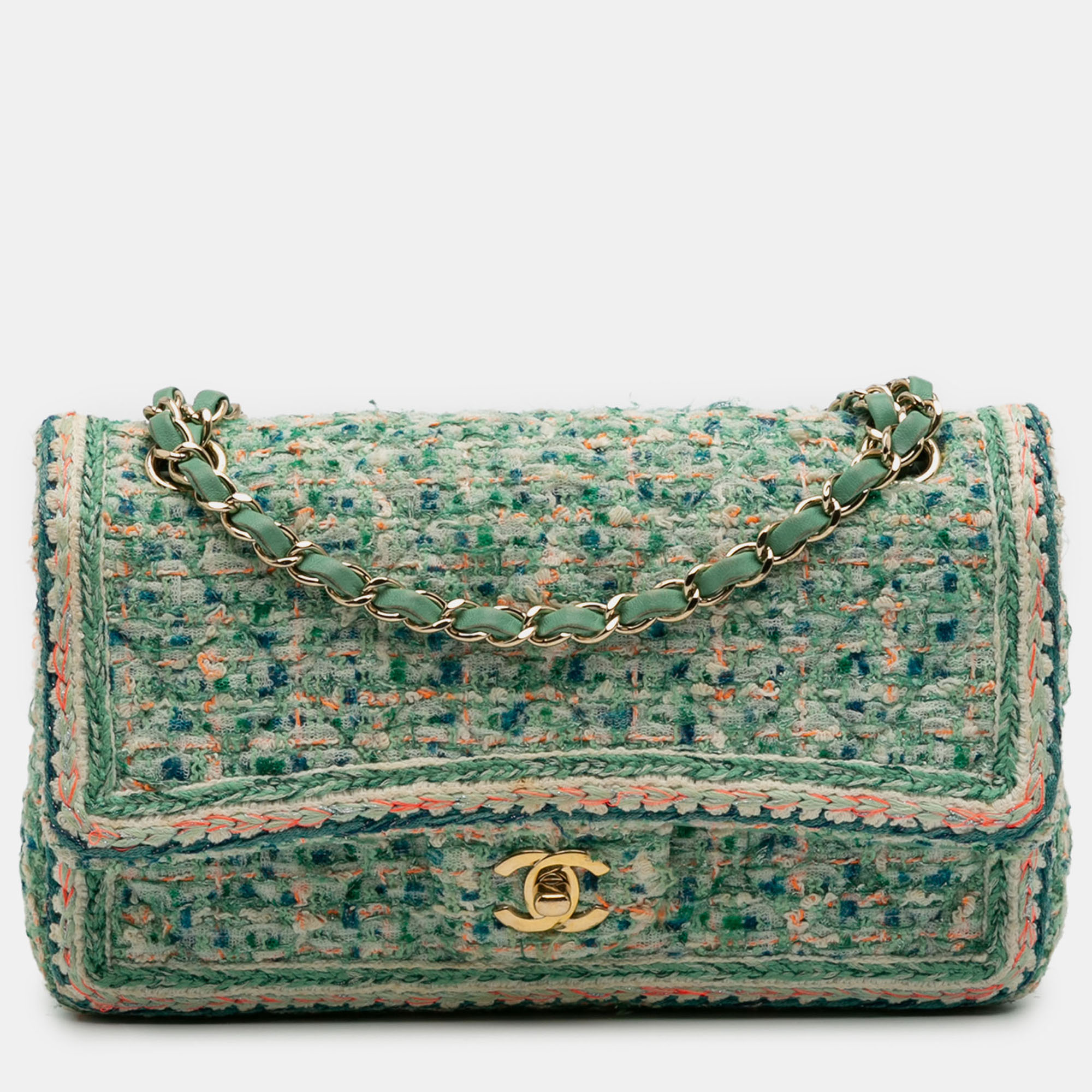 

Chanel Green Medium Classic Quilted Tweed Braided Double Flap