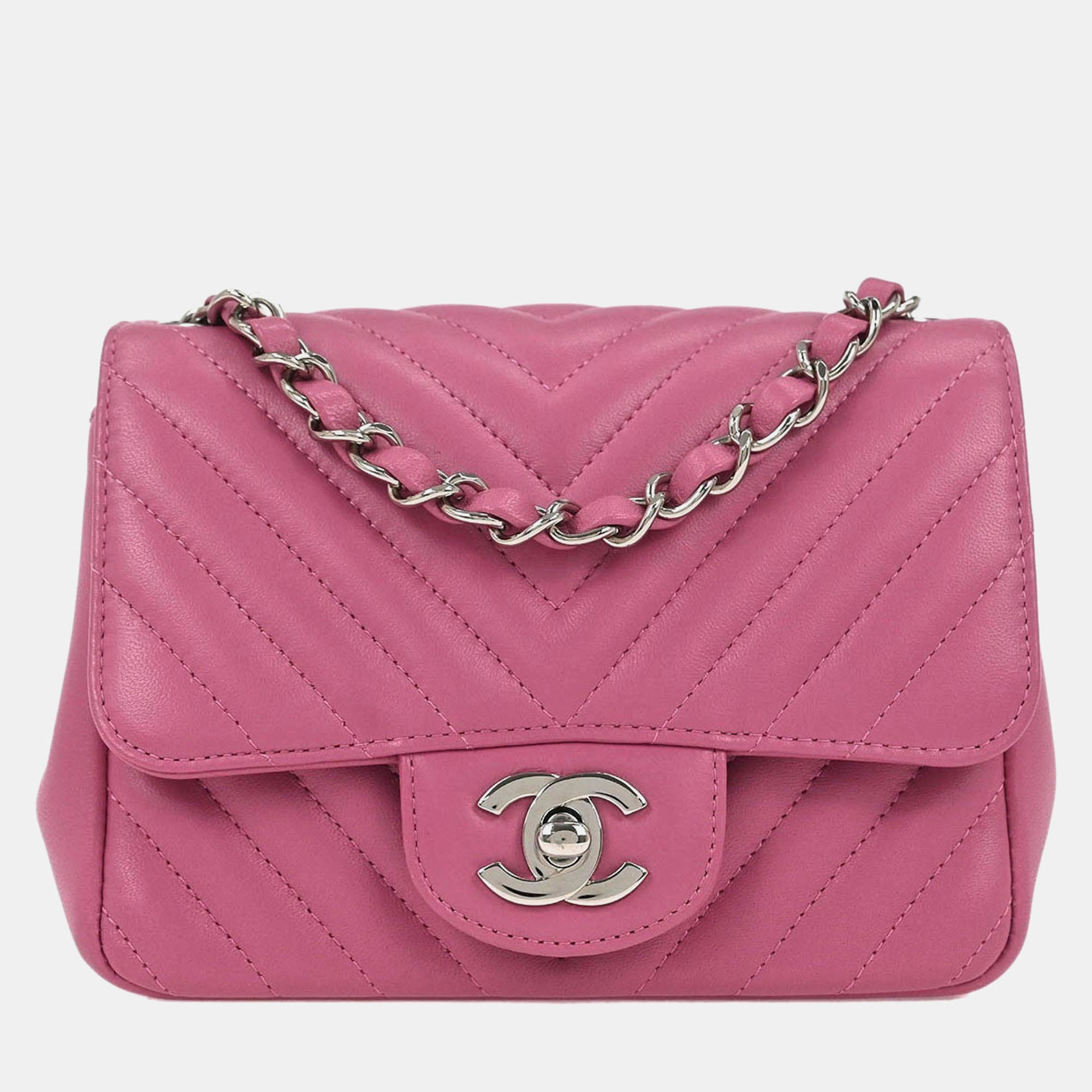 Pre-owned Chanel Pink Lambskin Chevron Mini Classic Square Flap Bag