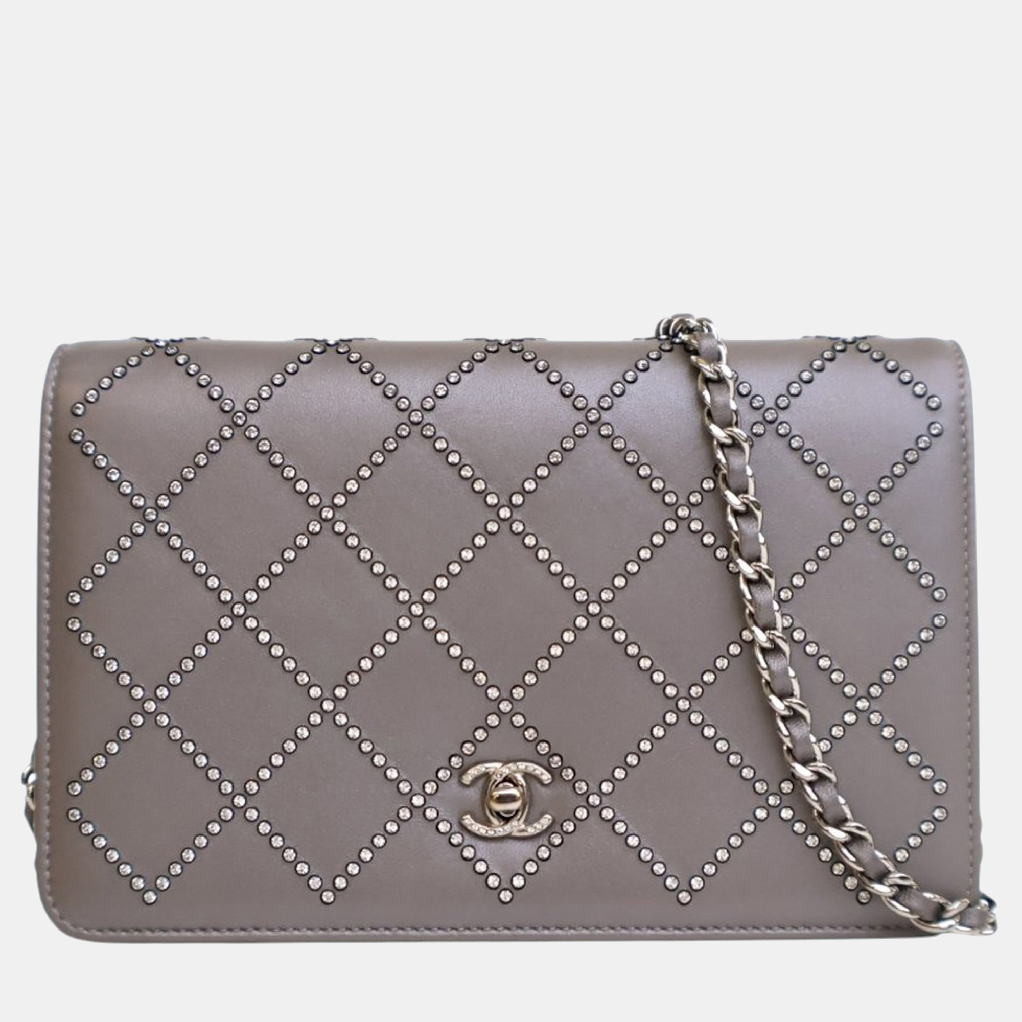 Pre-owned Chanel Grey Cc Studded Calfskin Crystal Wallet On Chain In Gray