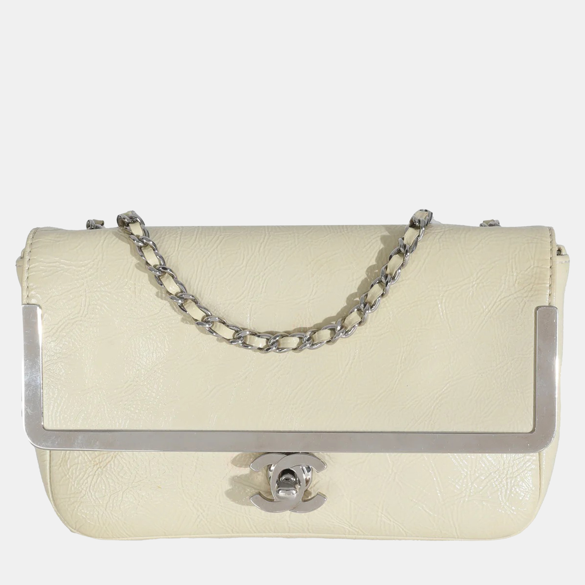 

Chanel Cream Distressed Patent Calfskin Small Frame Single Flap Bag
