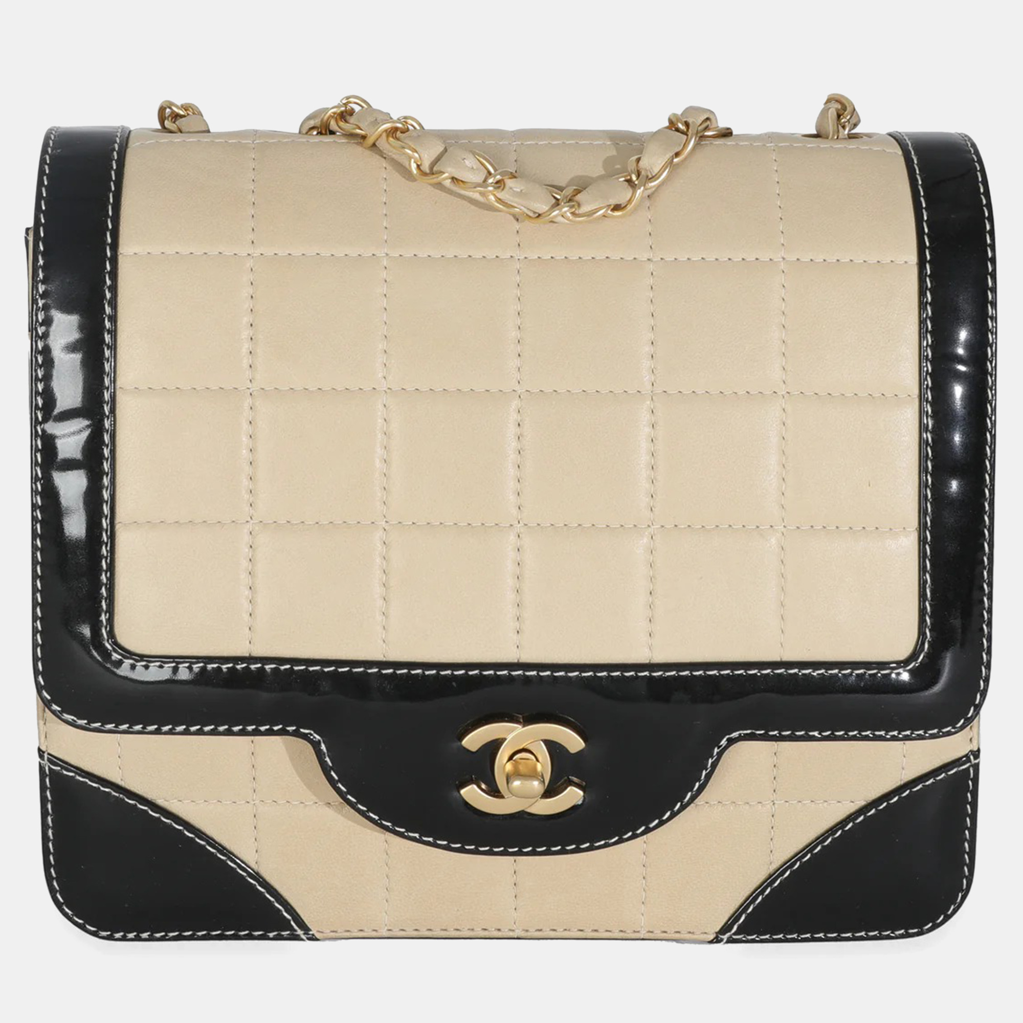 

Chanel Vintage Beige Lambskin Black Patent Square Quilt Frame Flap Bag
