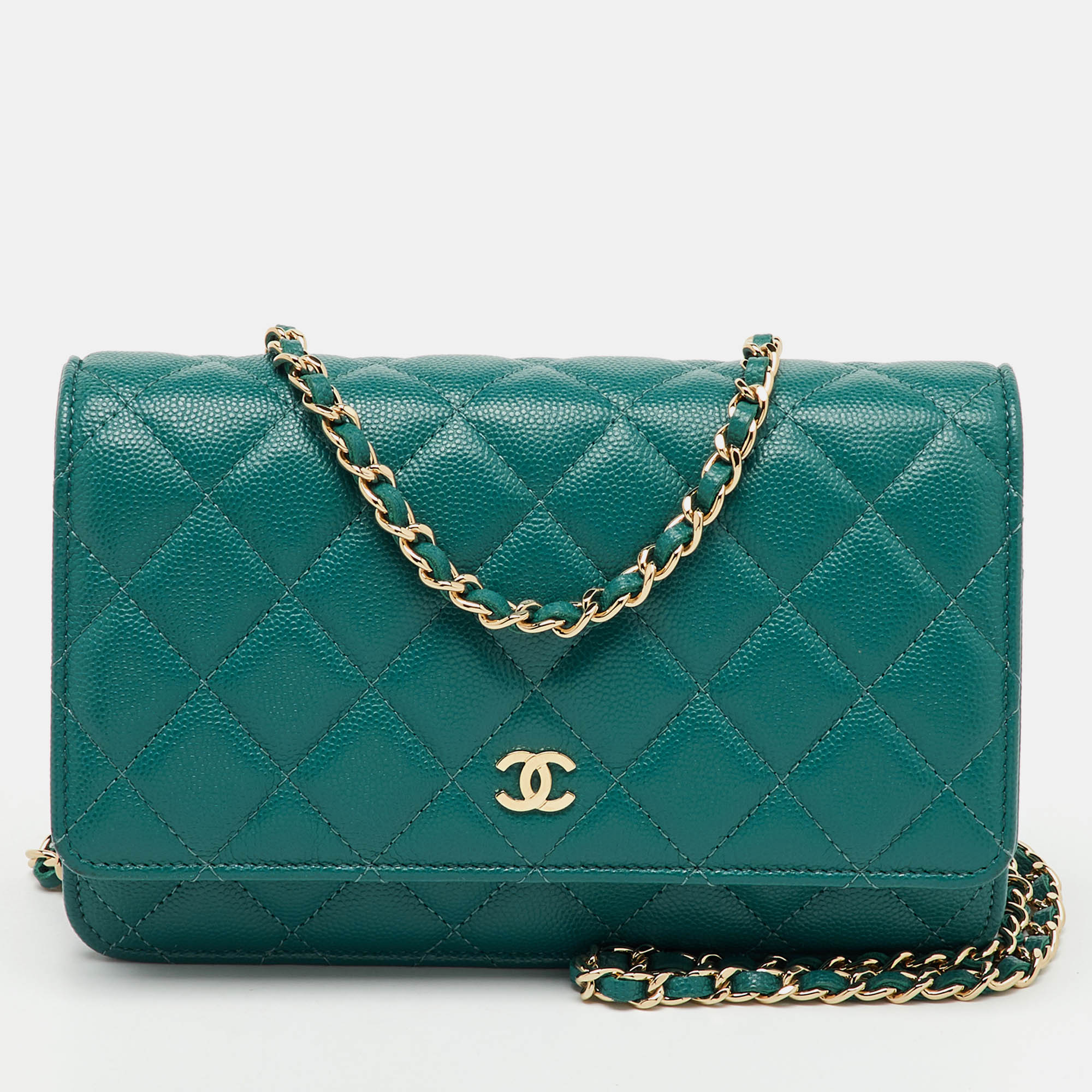 

Chanel Teal Blue Quilted Caviar Leather Classic Wallet On Chain