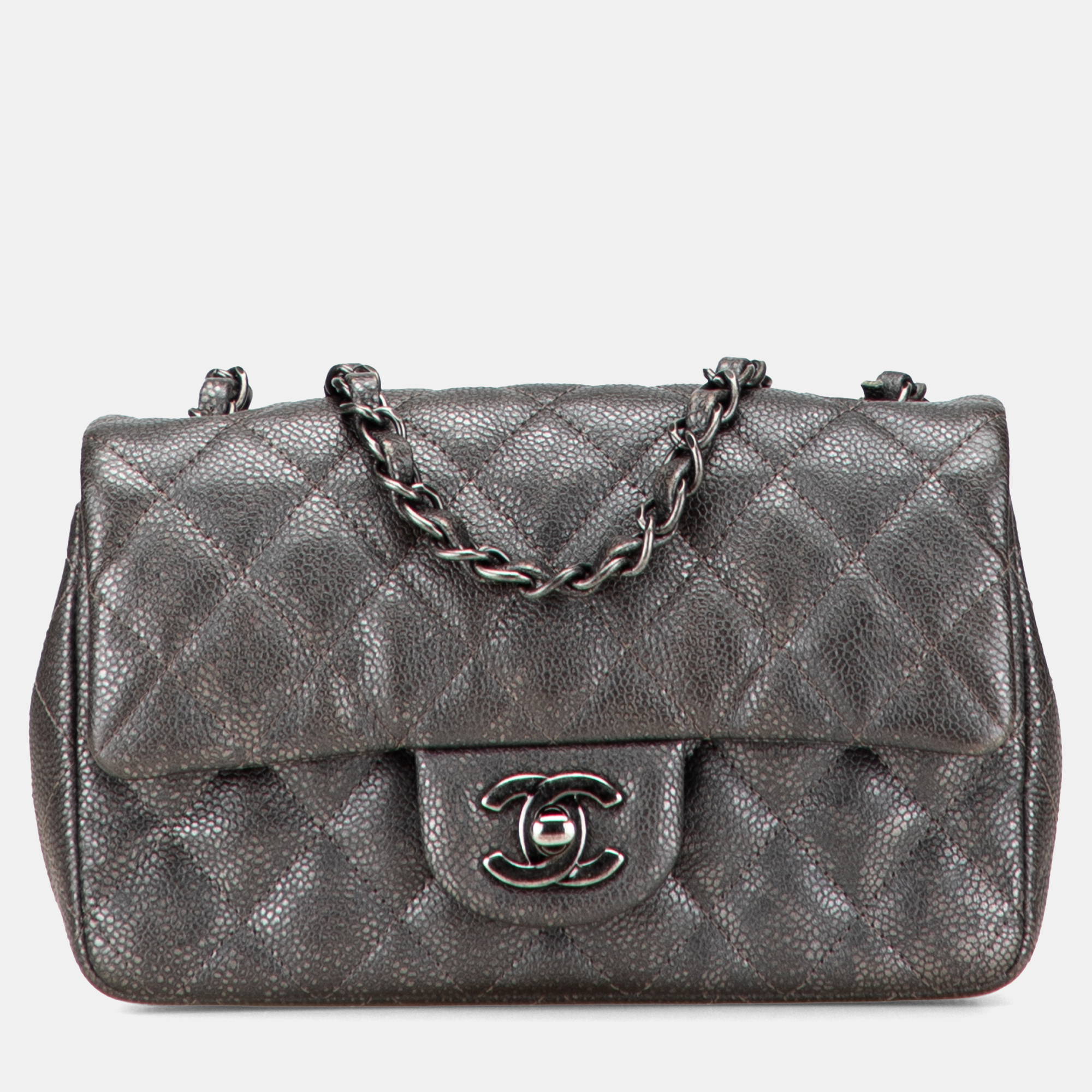

Chanel Grey Mini Rectangular Classic Metallic Caviar Single Flap