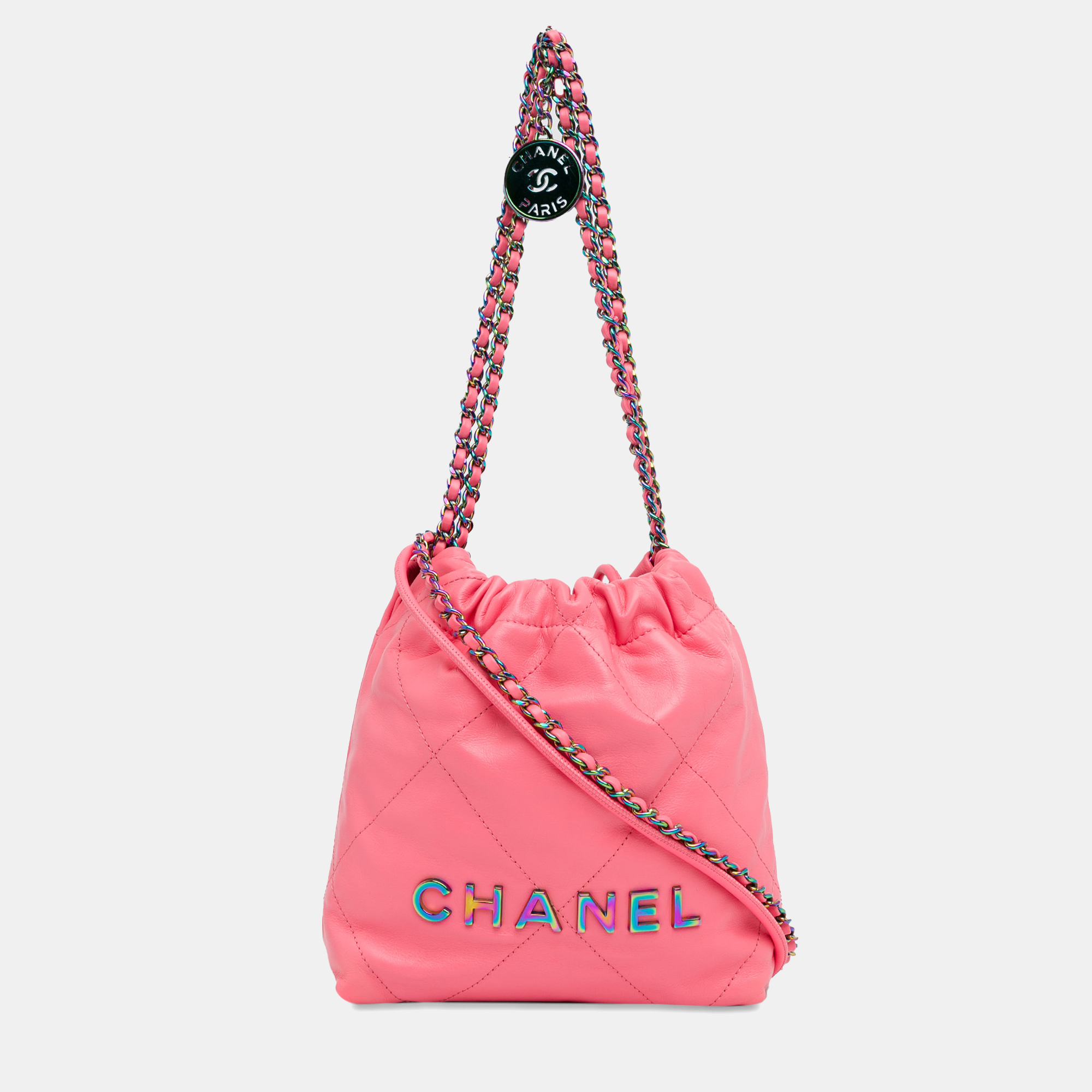 

Chanel Pink Mini Shiny Calfskin Rainbow Hardware 22 Handbag