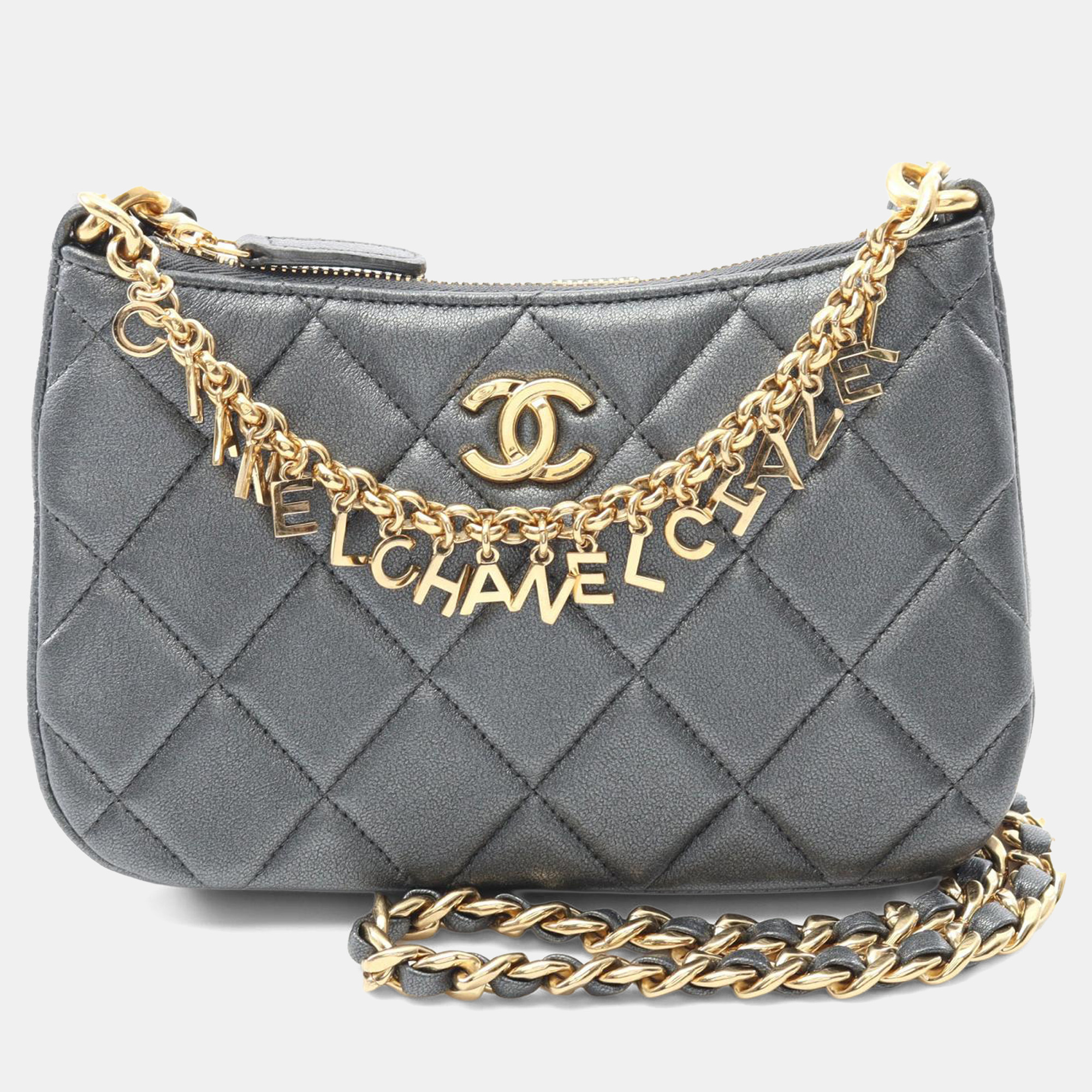 

Chanel Grey CC Quilted Metallic Lambskin Charms Hobo