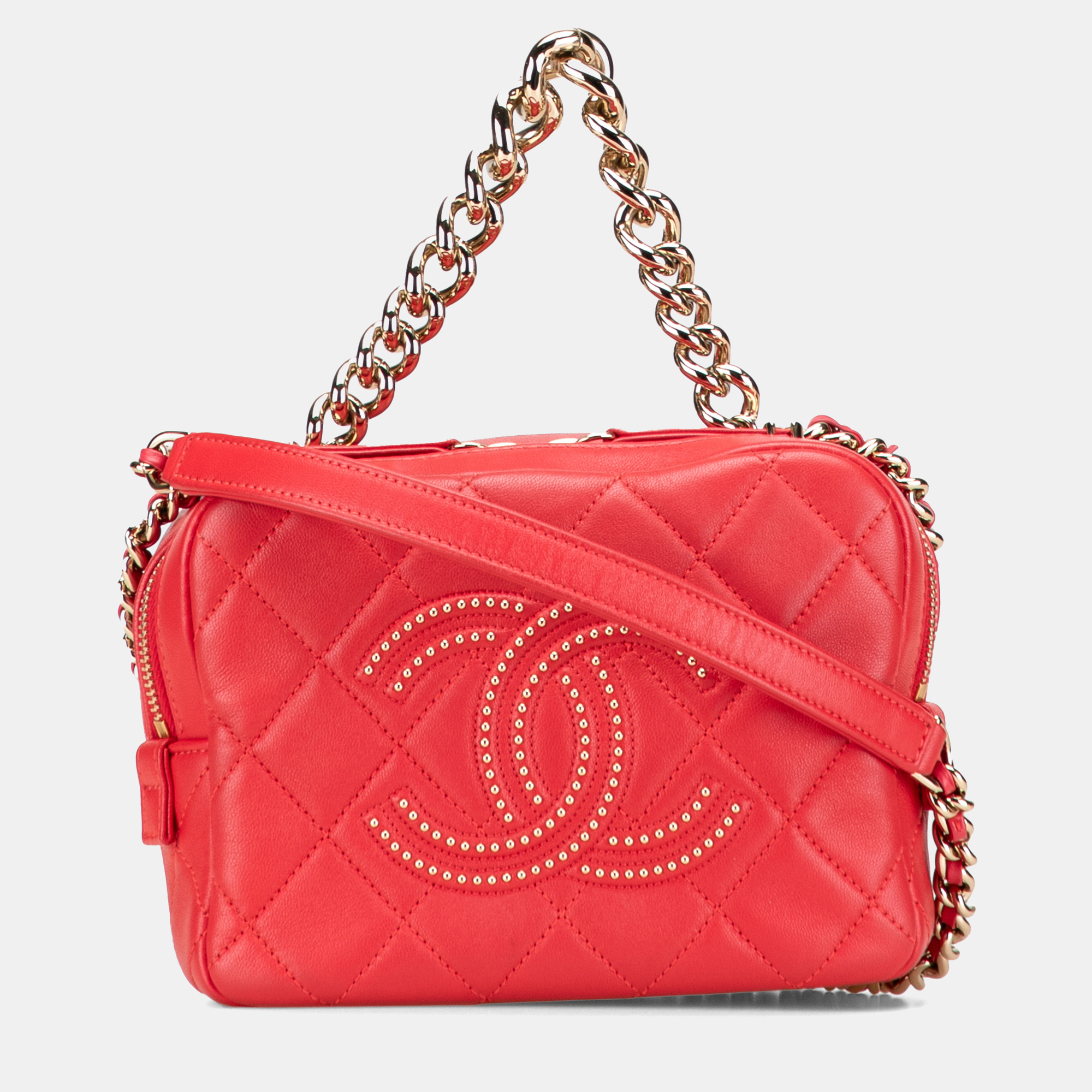 

Chanel Red Quilted Lambskin Studded Beauty Begins Camera Bag