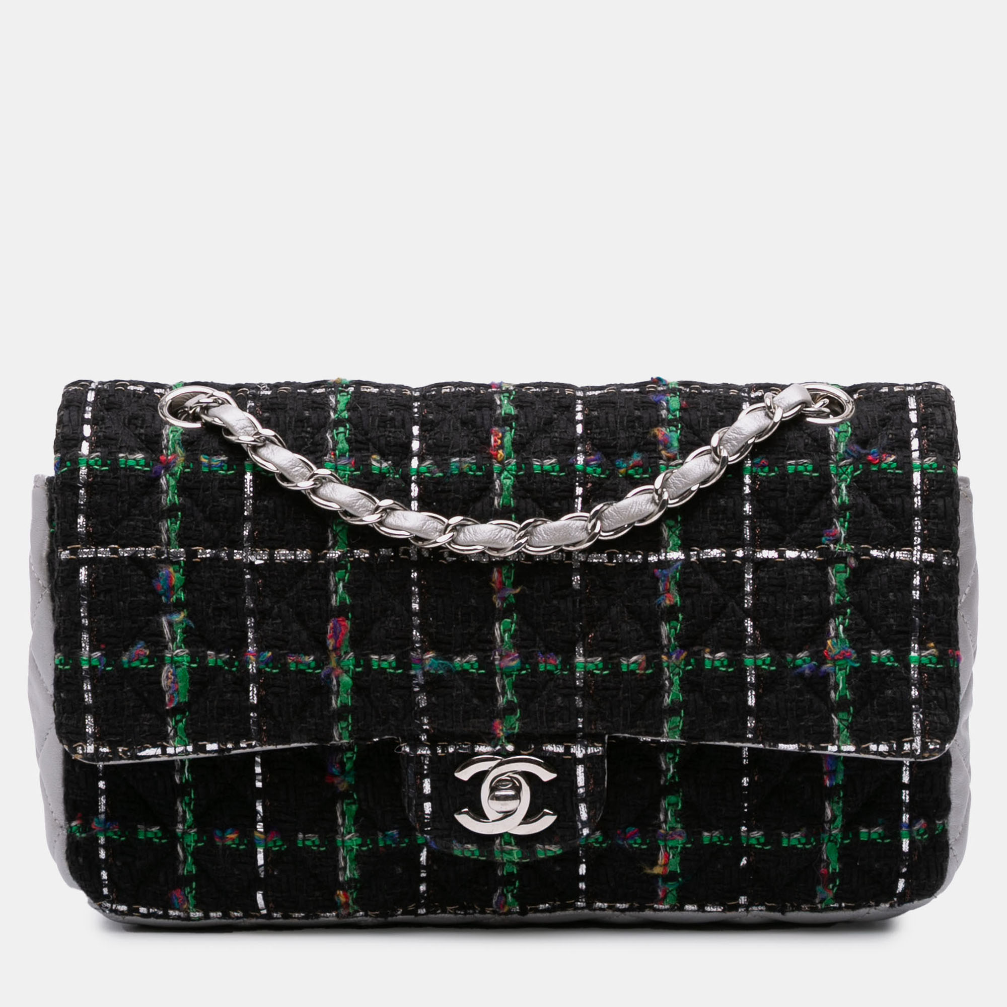 

Chanel Black Medium Classic Quilted Tweed and Metallic Lambskin Double Flap