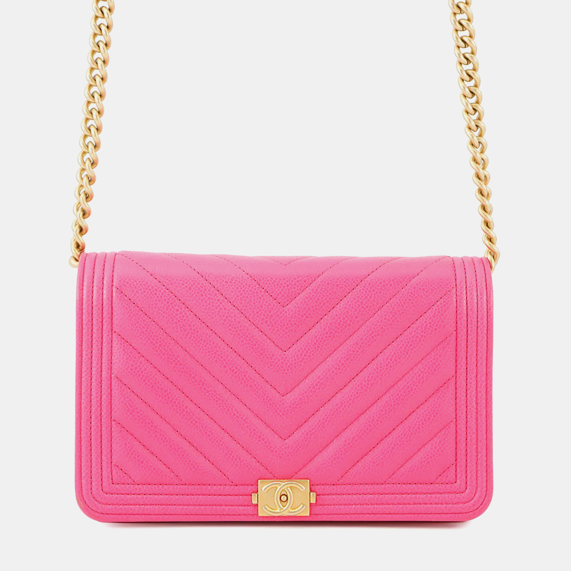 Pre-owned Chanel Chevron Chain Wallet Pink Caviar Leather