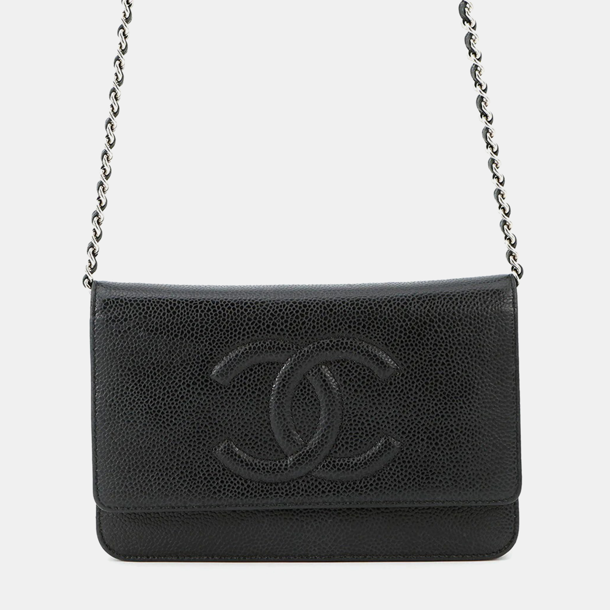 

Chanel Cc Logo Chain Wallet Black Caviar Leather