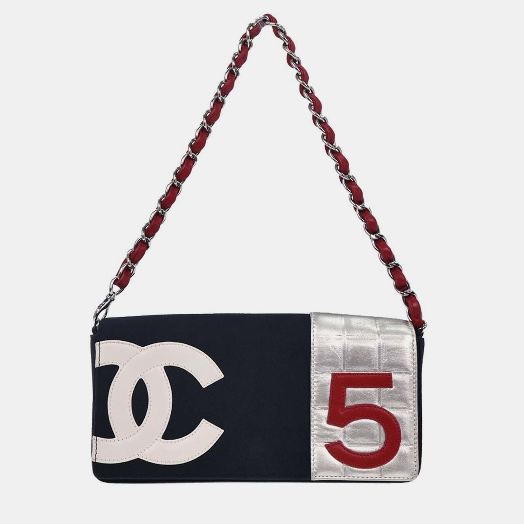 

Chanel Navy Silver Canvas No.5 Choco Bar Handbag, Navy blue