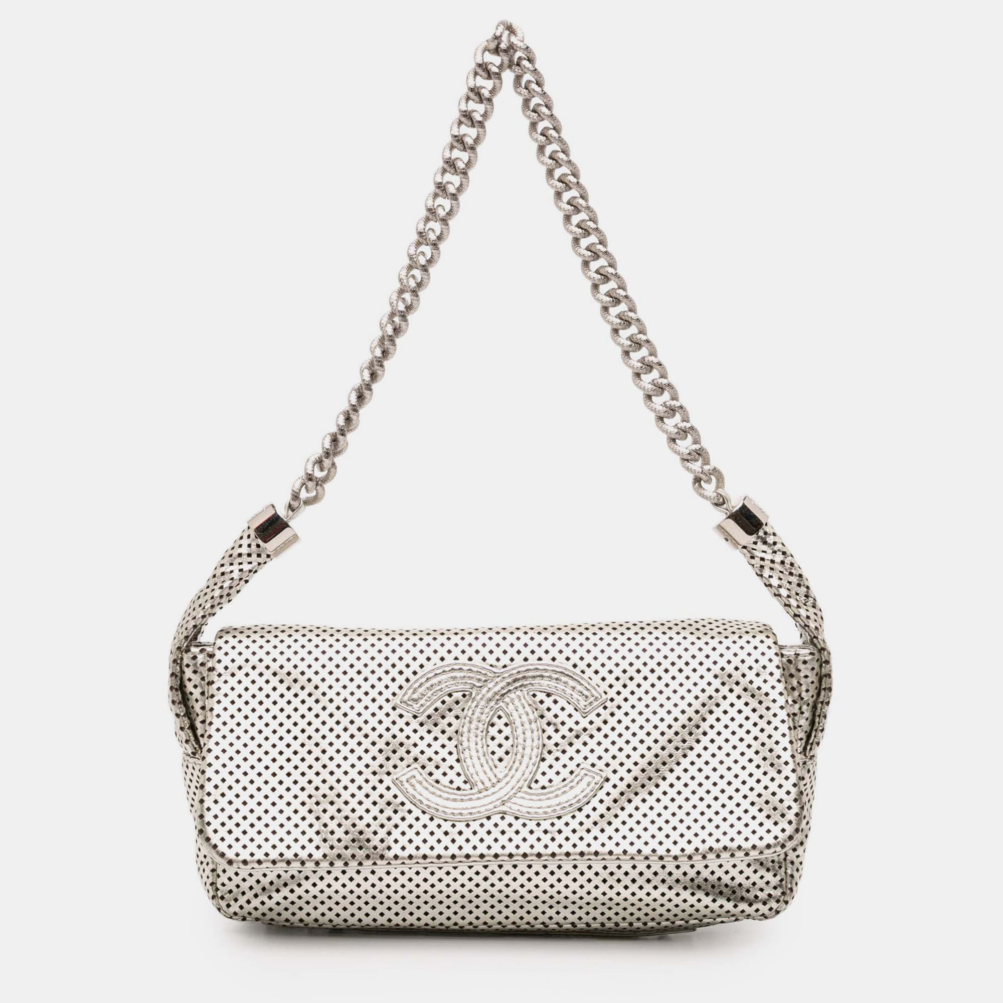 

Chanel Silver Metallic Glazed Calfskin Perforated Rodeo Drive Flap