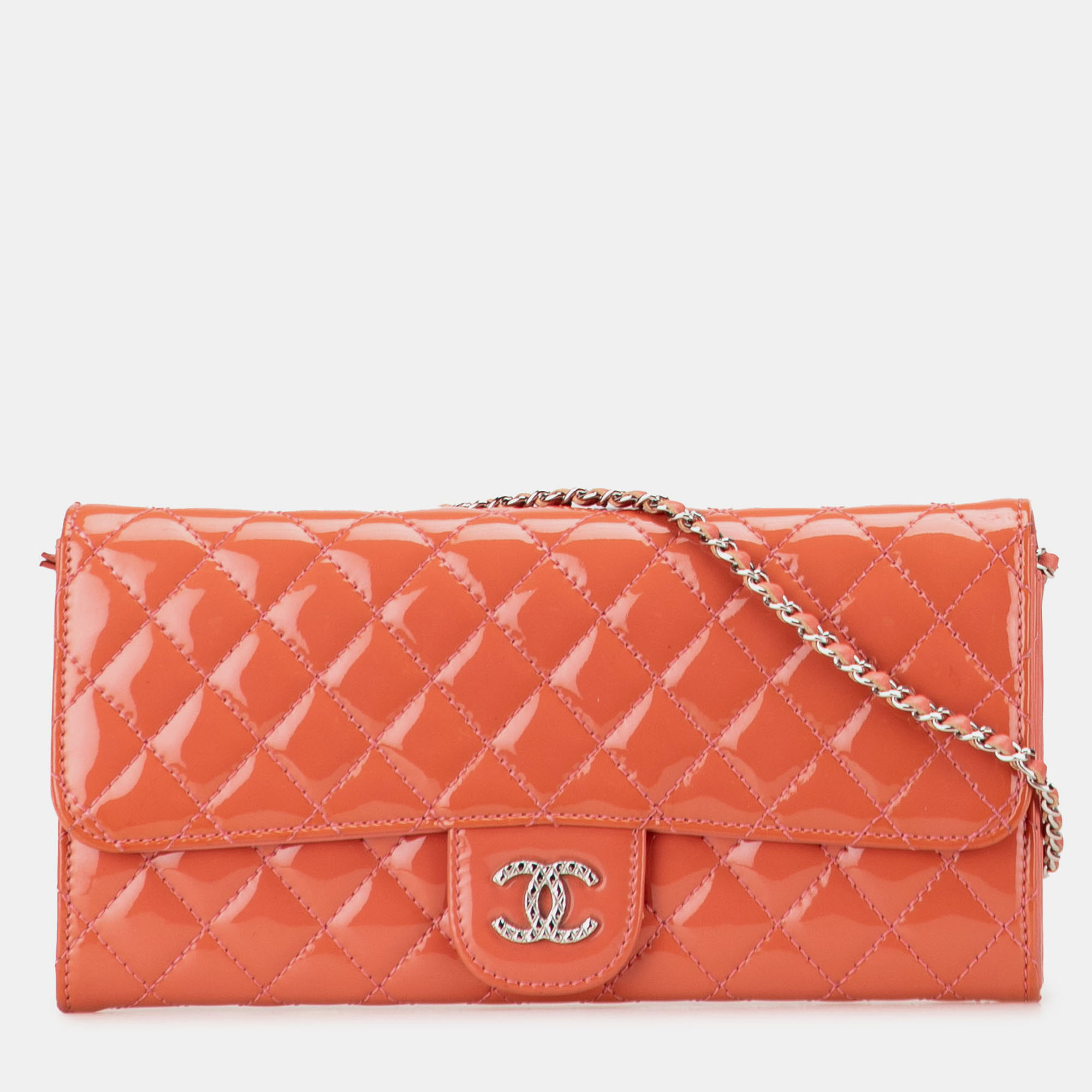 Pre-owned Chanel Red Quilted Patent Brilliant East West Wallet On Chain