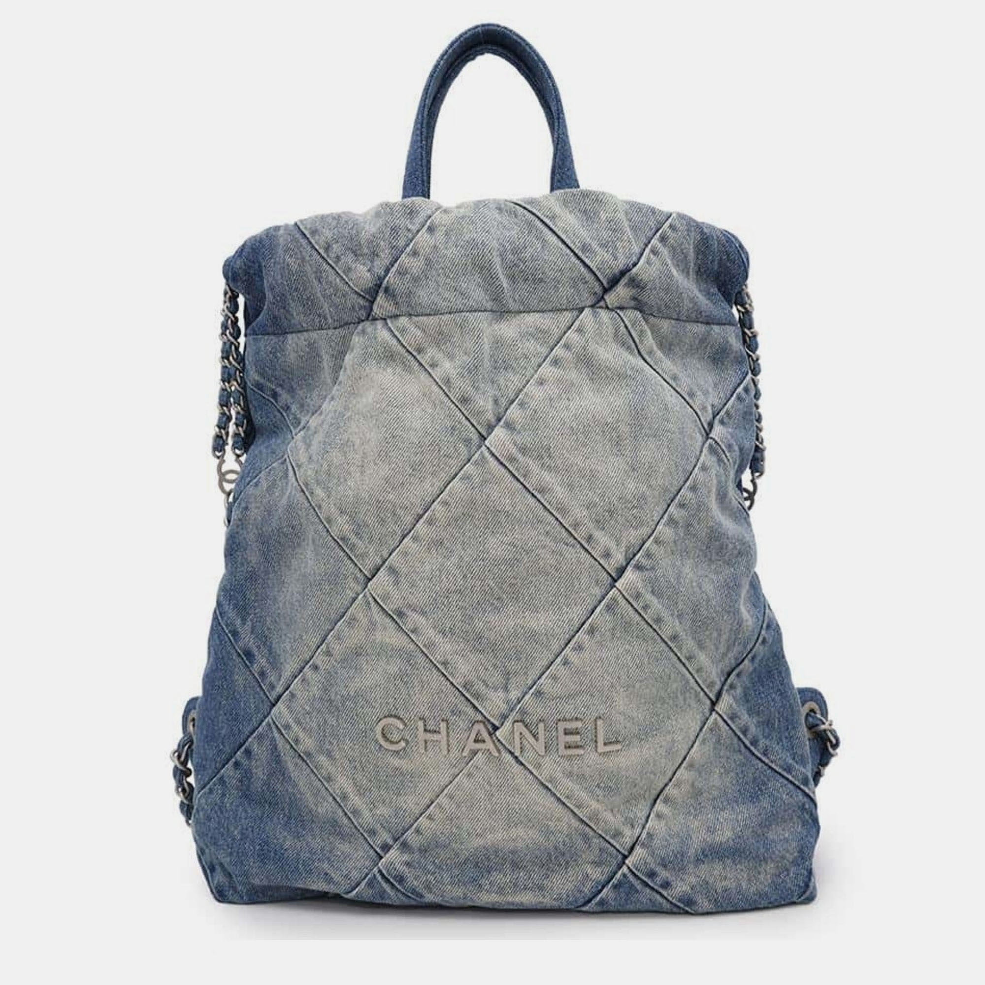 Pre-owned Chanel 22 Blue Quilted Denim Top Handle Backpack