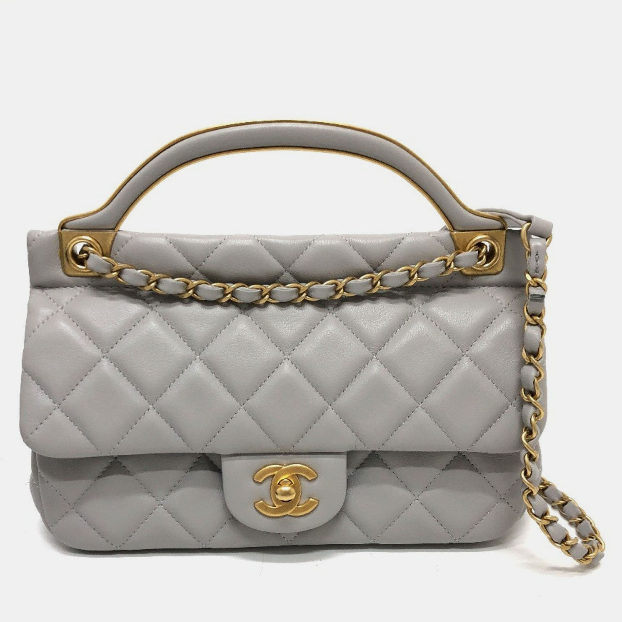 Pre-owned Chanel Lady Handle Small Grey Calfskin Quilted Clutch With Chain In Gray