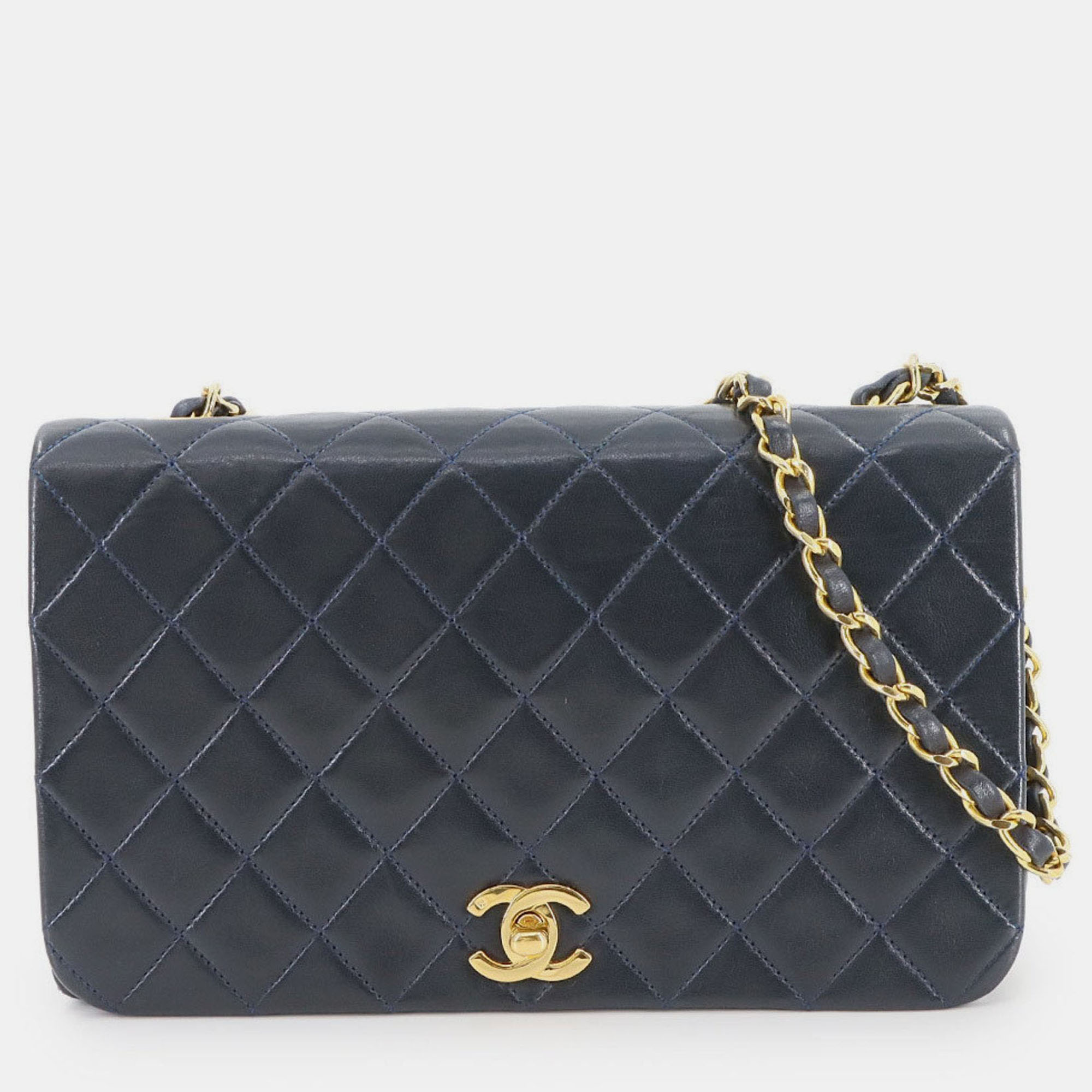 

Chanel Full Flap Turnlock Blue Leather Shoulder Bag