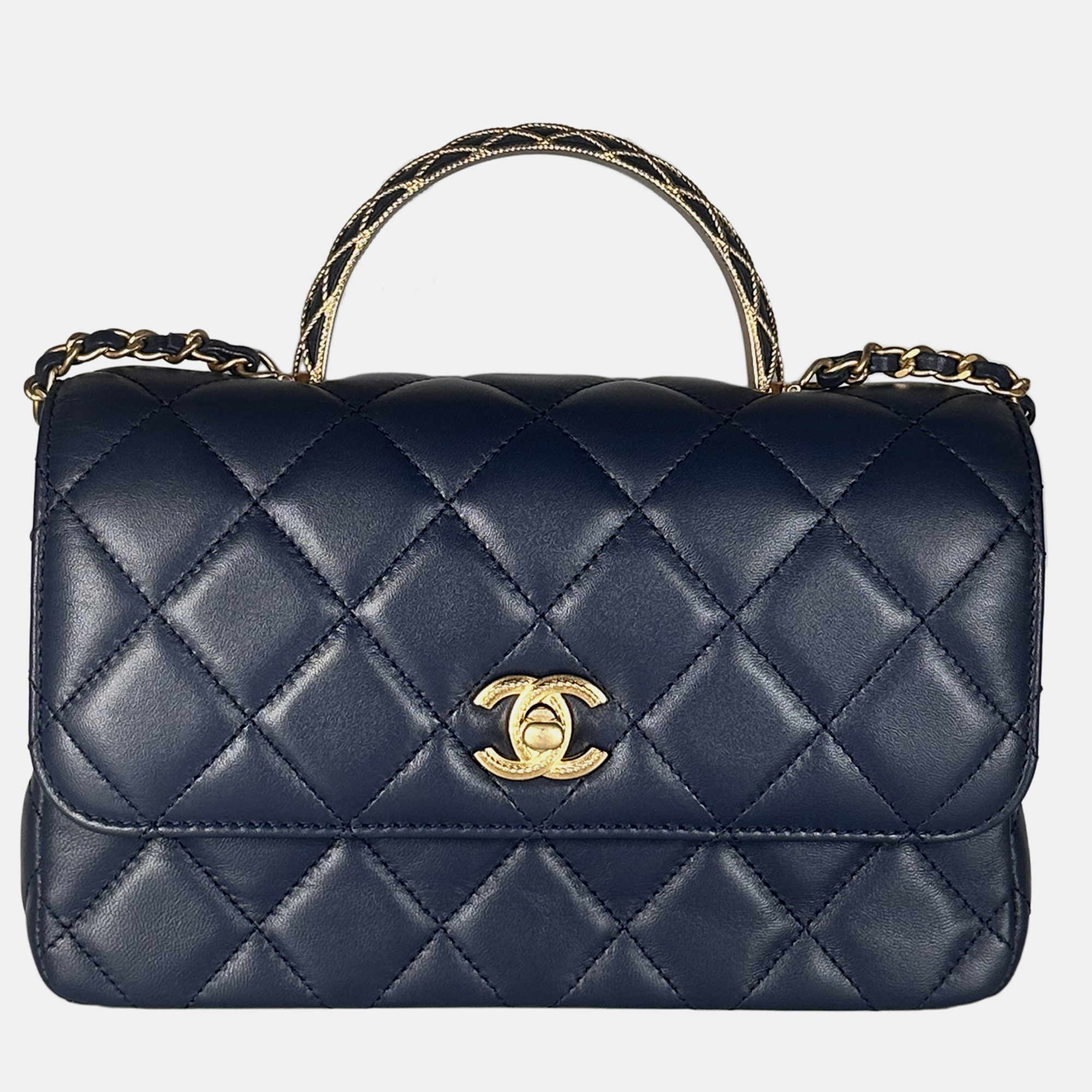 

Chanel Lambskin Quilted Metal Top Handle Flap Blue with GHW