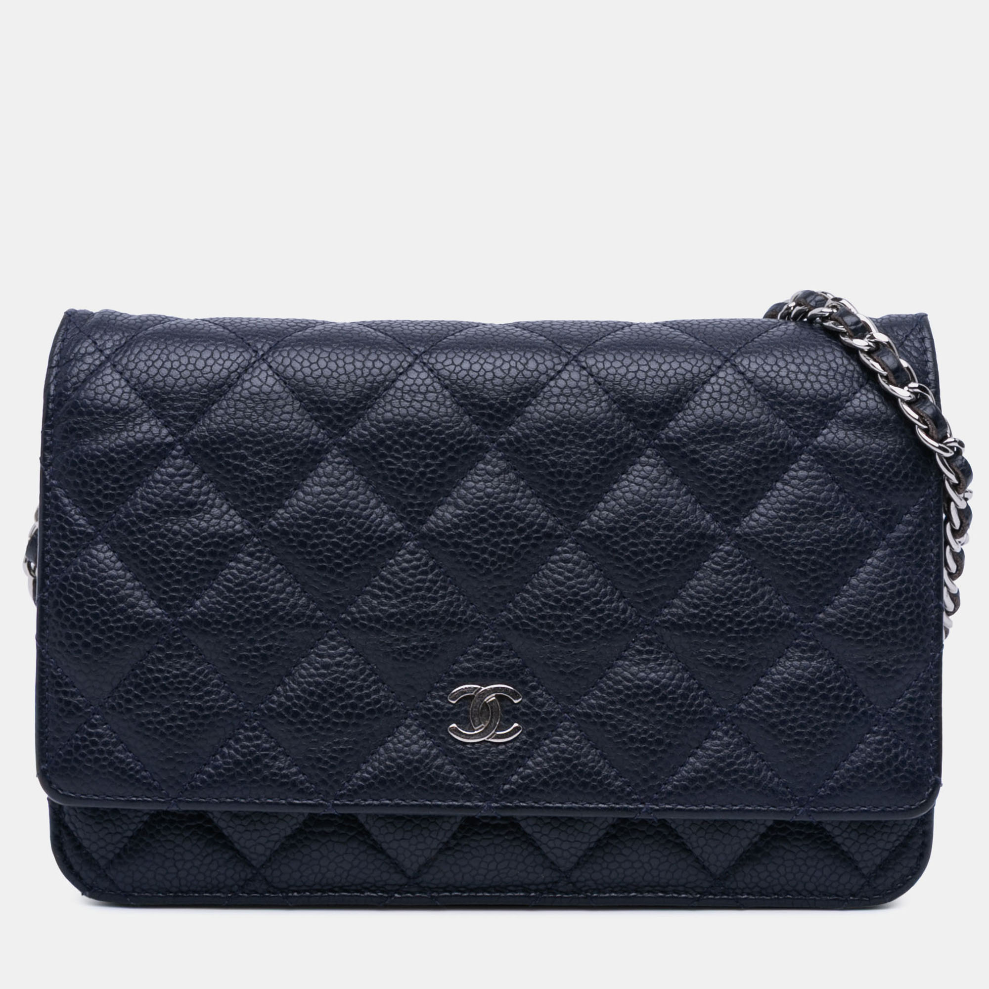 Pre-owned Chanel Navy Blue Cc Quilted Caviar Wallet On Chain