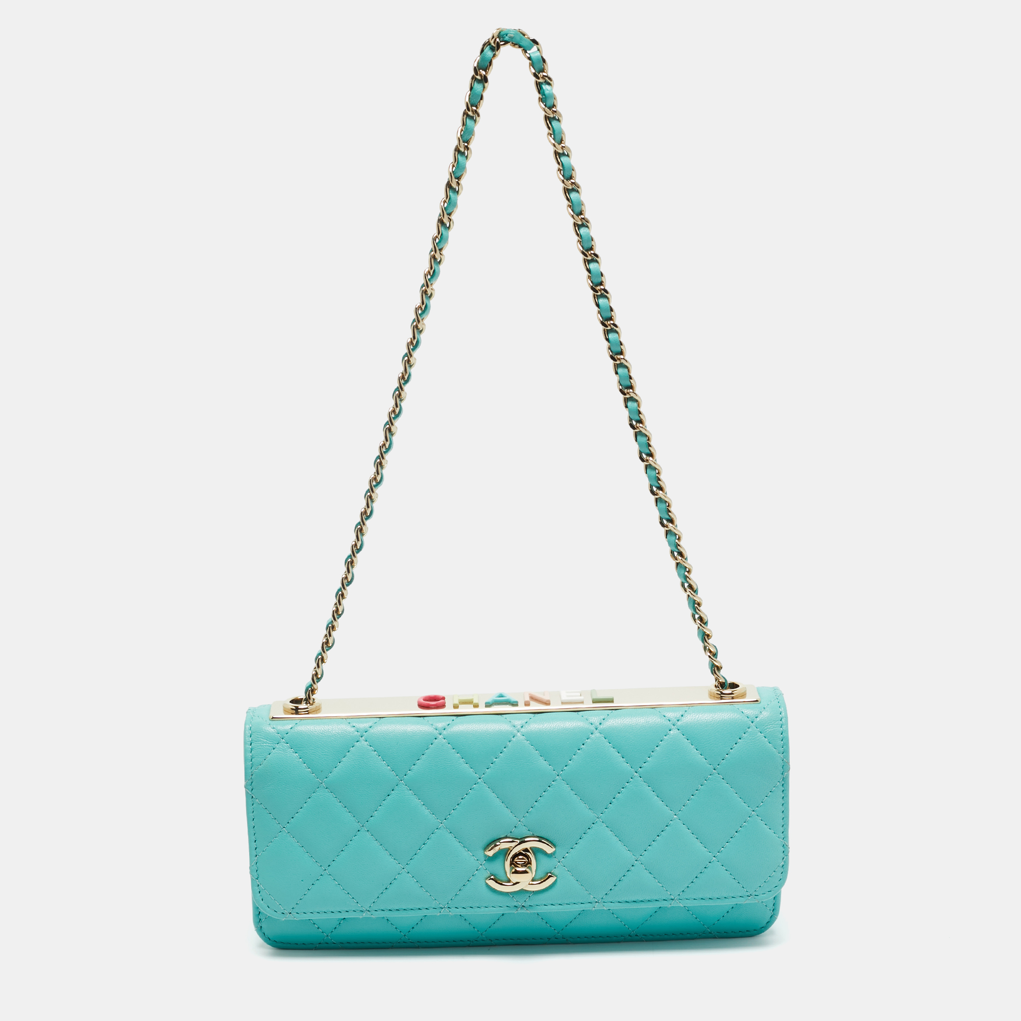 Pre-owned Chanel Turquoise Quilted Leather Trendy Cc Wallet On Chain In Blue