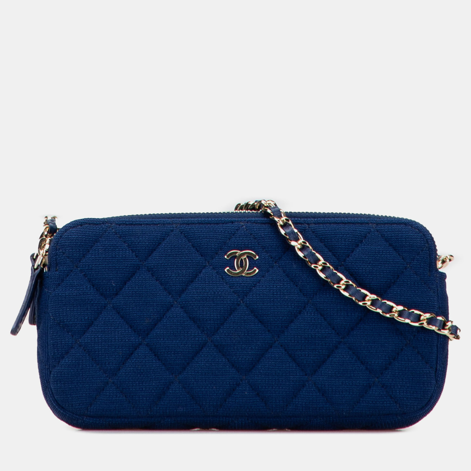 

Chanel Blue CC Quilted Jersey Double Zip Wallet on Chain