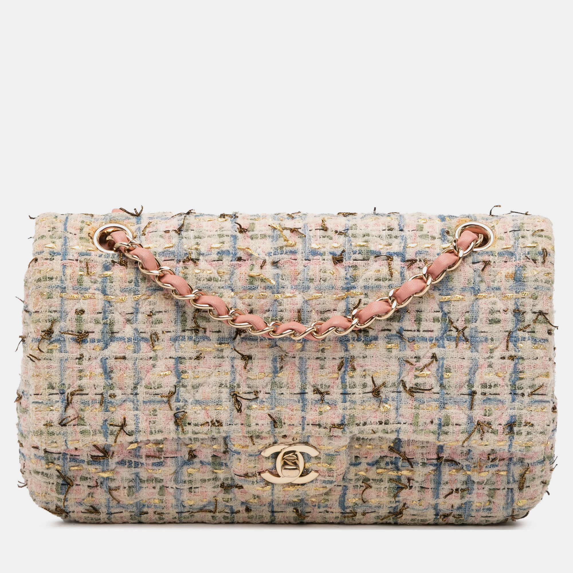 

Chanel Pink Medium Classic Boucle Tweed Double Flap