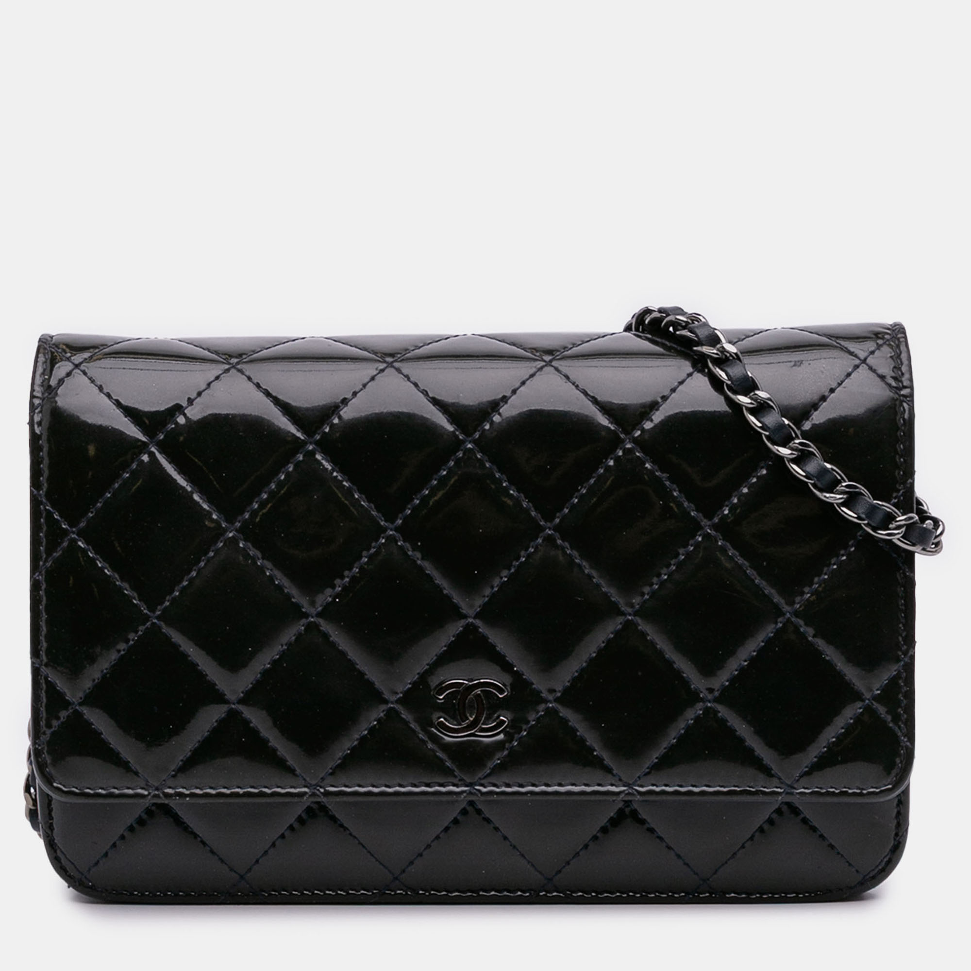 

Chanel Black Blue CC Quilted Patent Wallet On Chain