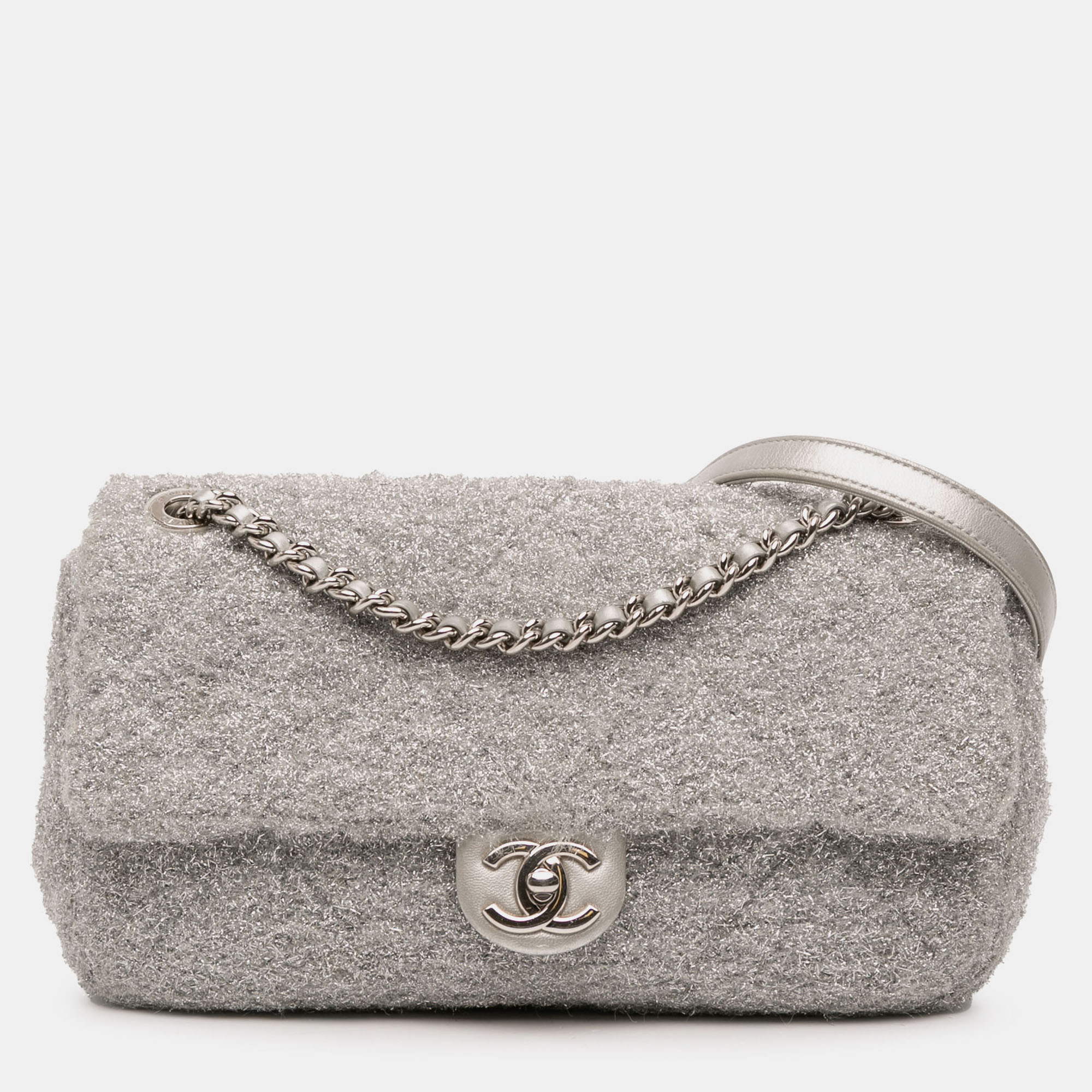 

Chanel Silver Medium Quilted Lurex Ground Control Pluto Glitter Flap