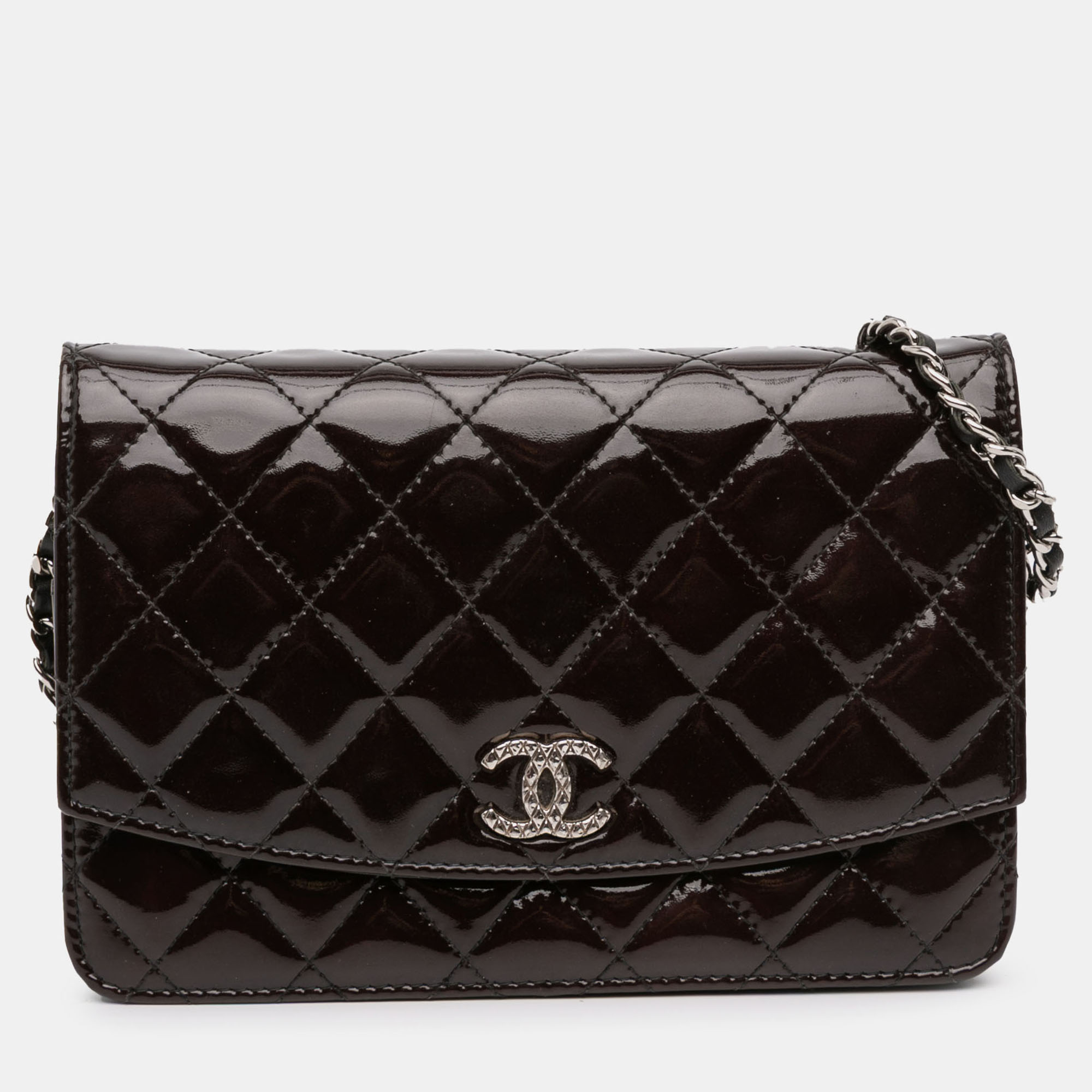 Pre-owned Chanel Black Quilted Patent Brilliant Wallet On Chain