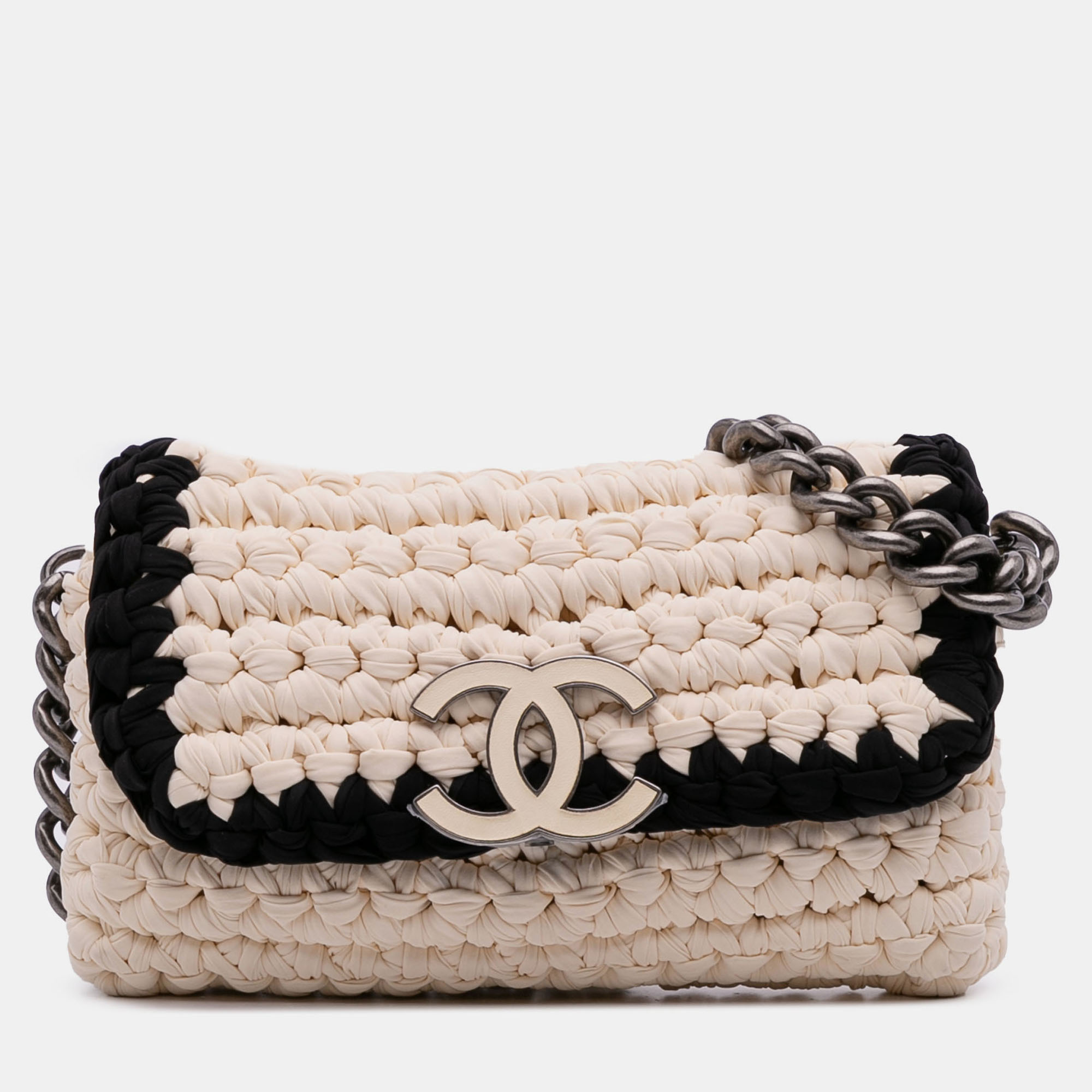 

Chanel White Neoprene Fancy Crochet Flap