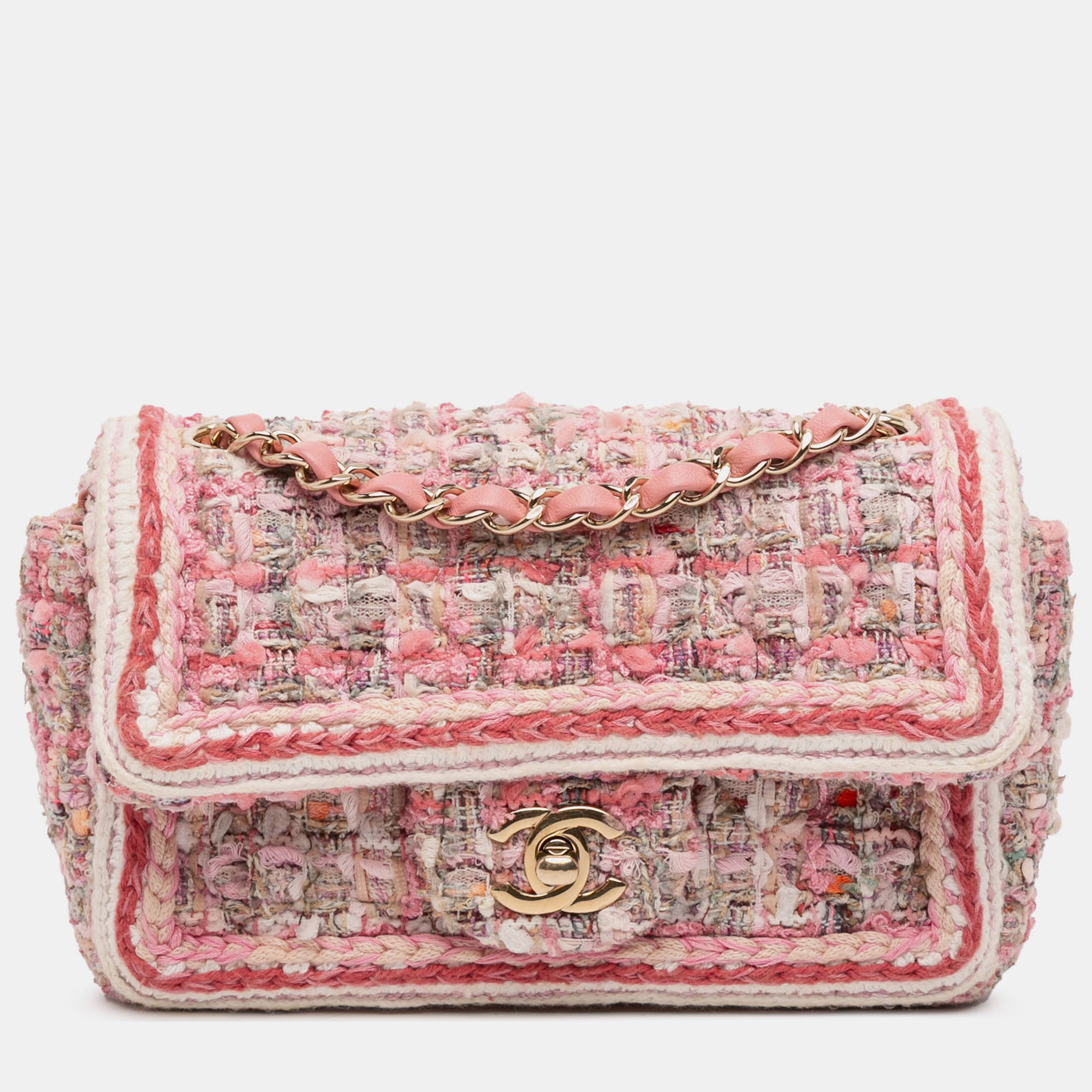 

Chanel Pink Mini Rectangular Classic Tweed Braid Flap