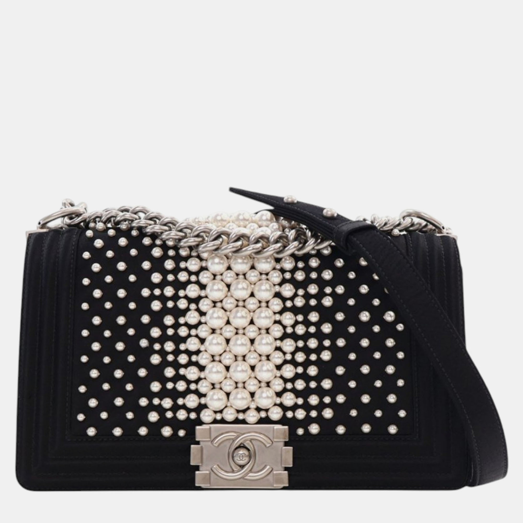 

Chanel Old Medium Satin Pearl Embellished Boy Flap, Black
