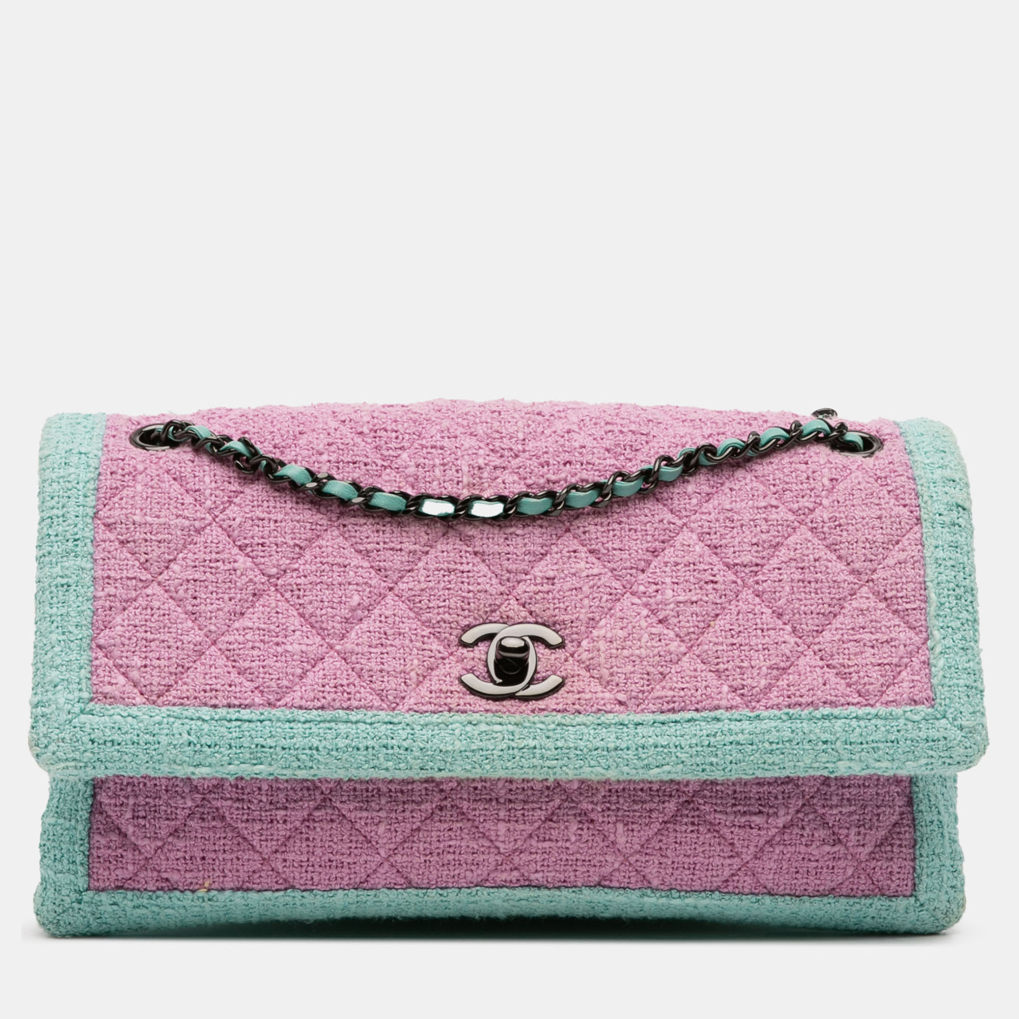 Pre-owned Chanel Green Pink Cc Quilted Bicolor Tweed Flap