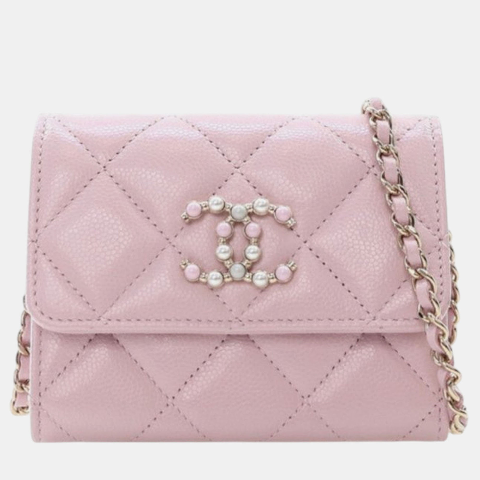 Pre-owned Chanel Pink Quilted Caviar Coco Candy Card Holder On Chain