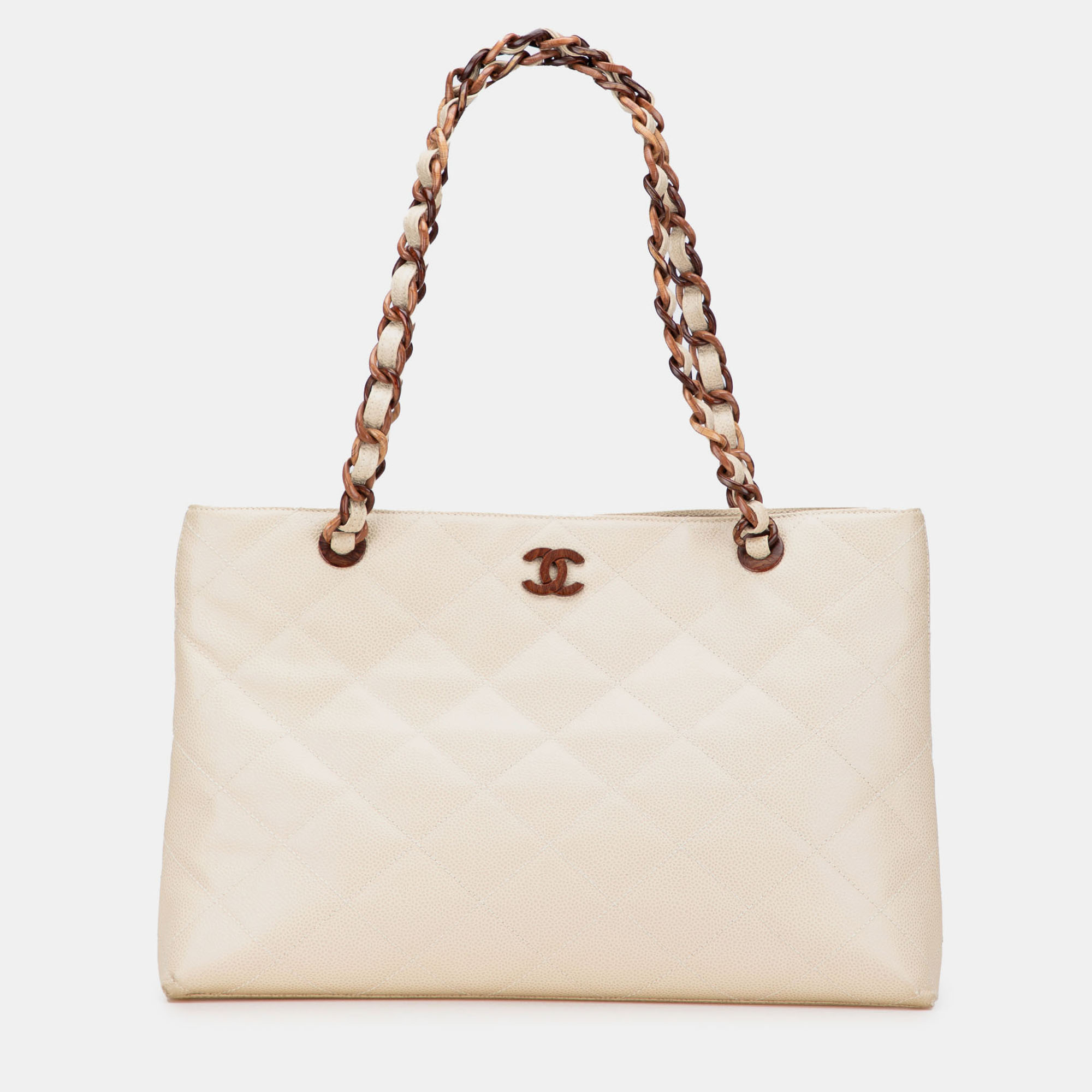 Pre-owned Chanel Cream Cc Quilted Caviar Bekko Chain Tote In White