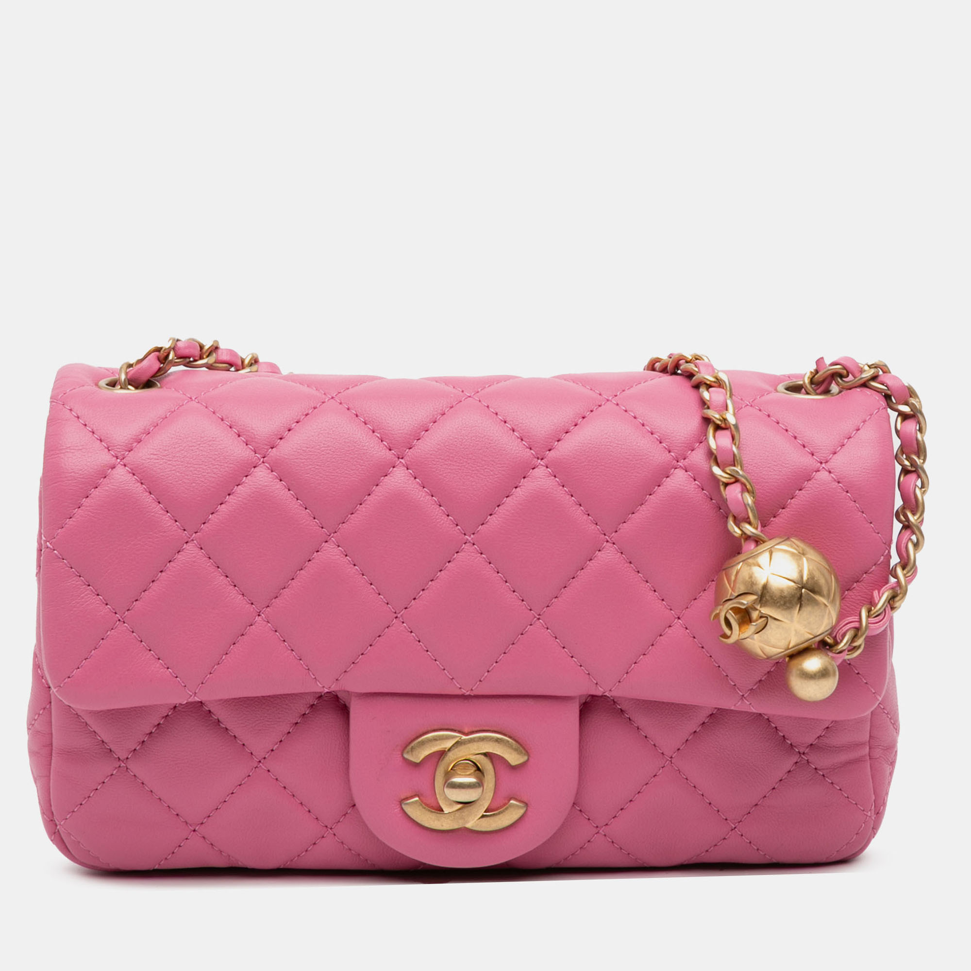 

Chanel Pink Mini Rectangular Classic Lambskin Pearl Crush Single Flap