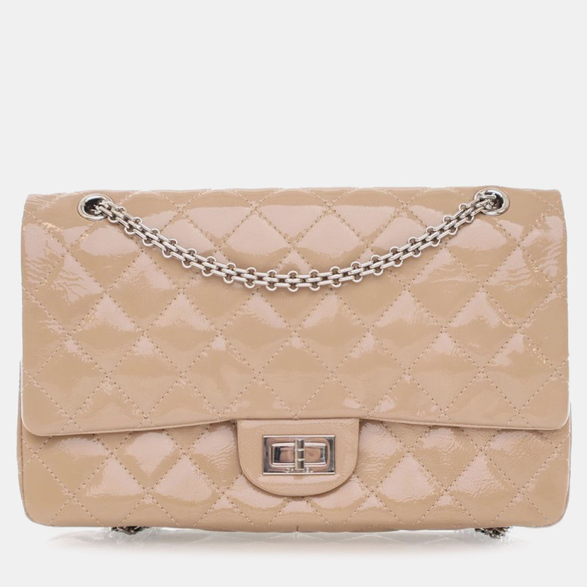 

Chanel Beige Brown Reissue 2.55 Quilted Patent Double Flap 227