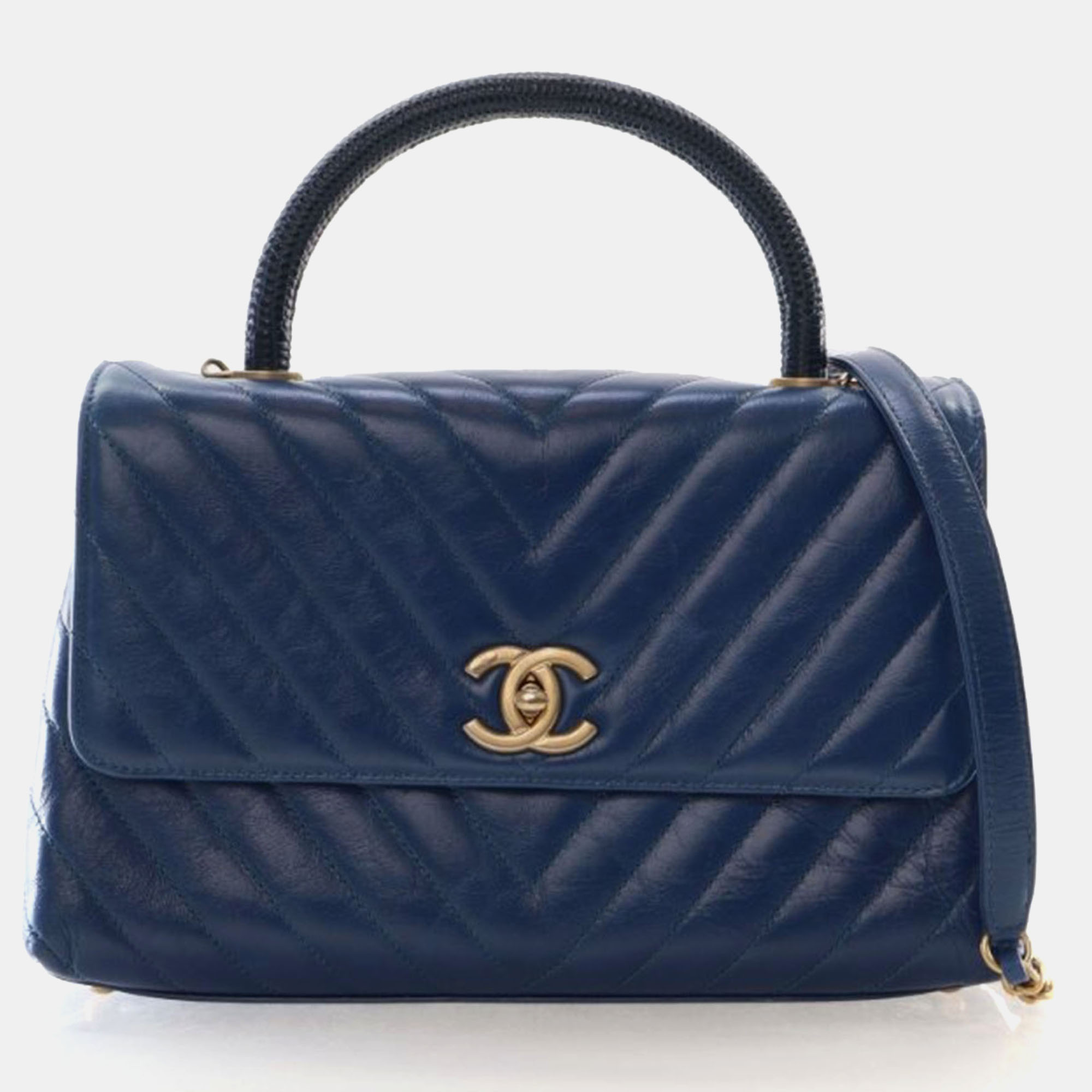 

Chanel Medium Lizard Crinkled Calfskin Coco Handle Bag, Blue