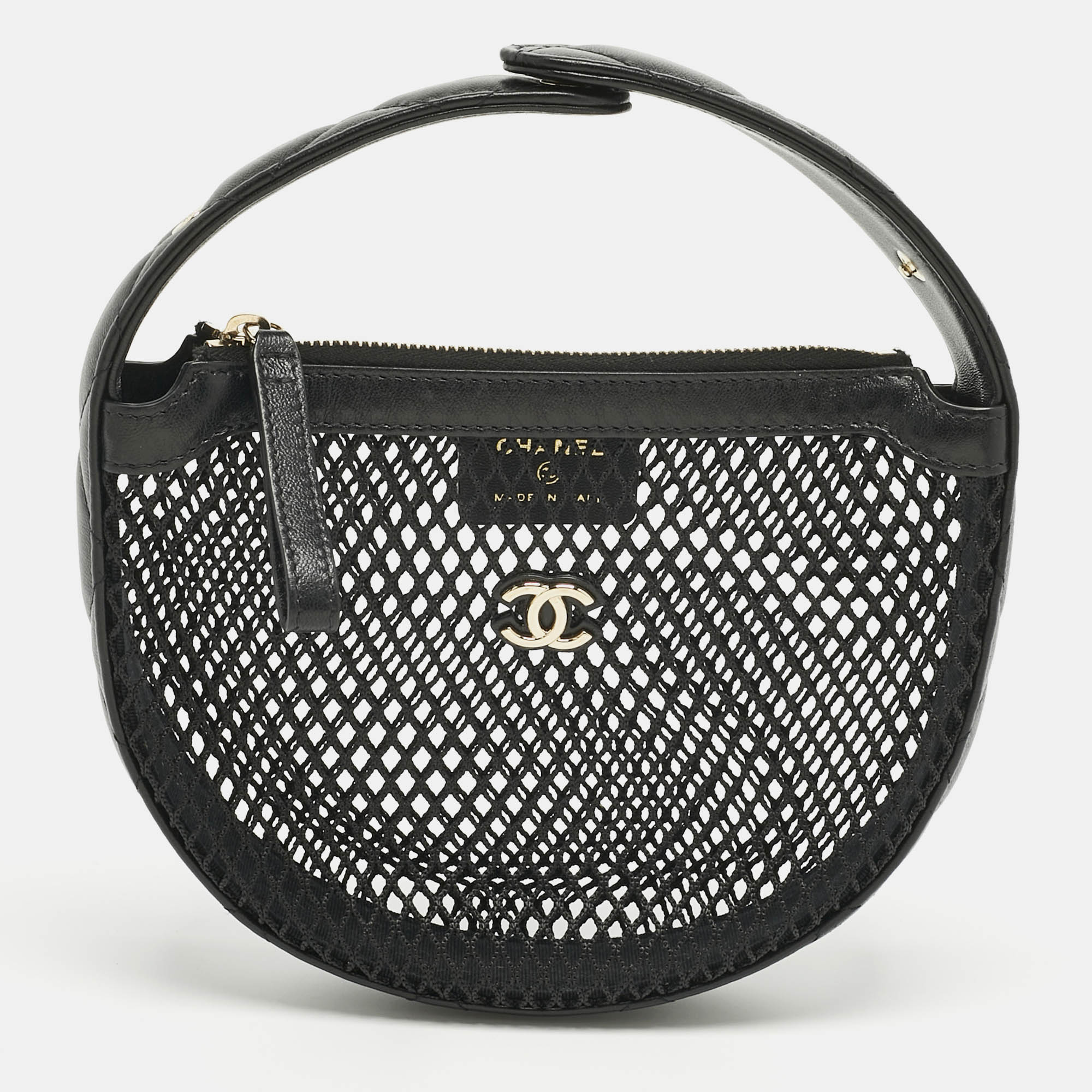

Chanel Black Quilted Leather and Mesh Mini Round Hobo