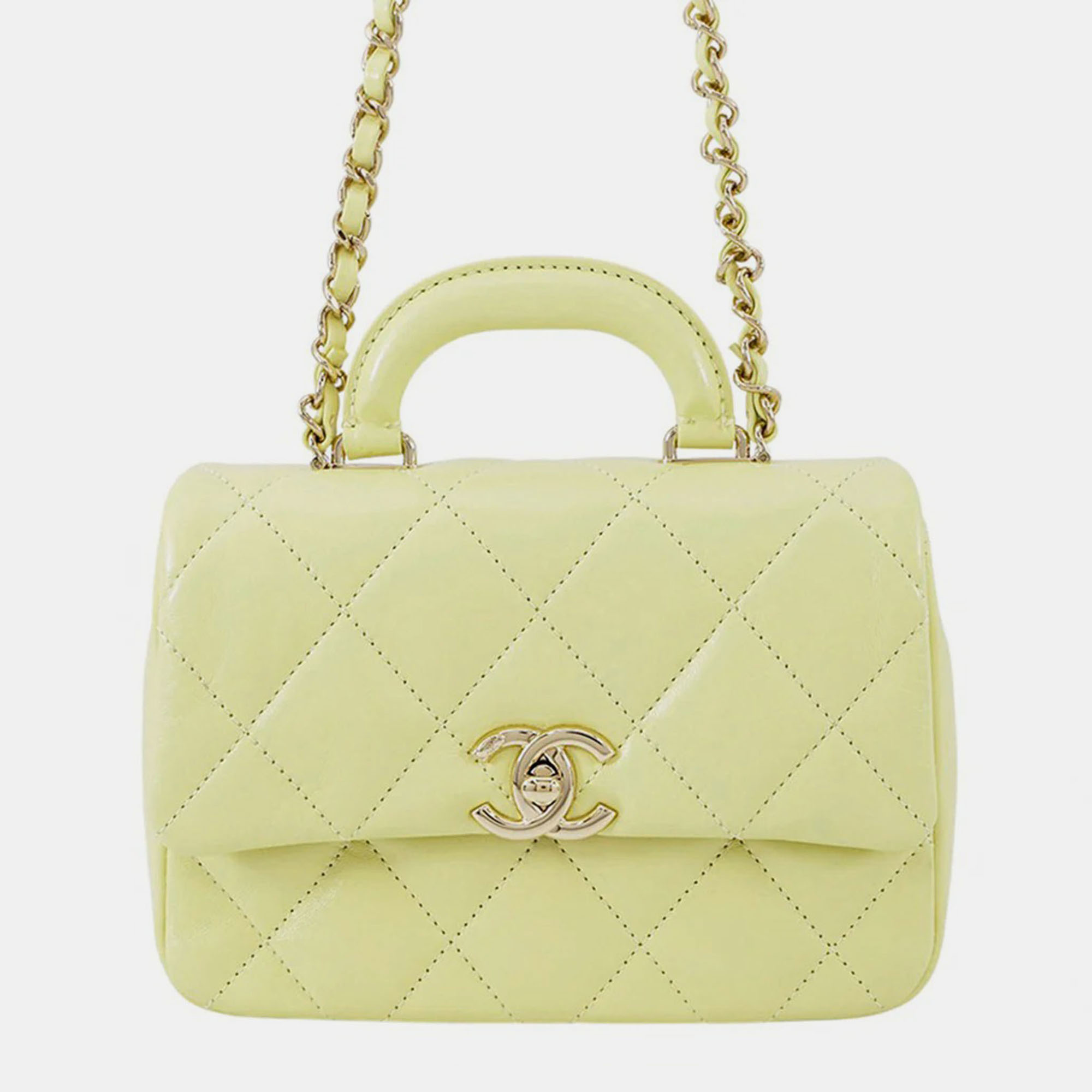 Pre-owned Chanel Top Handle Matelasse Shoulder Yellow Shiny Calf Leather Size Mini
