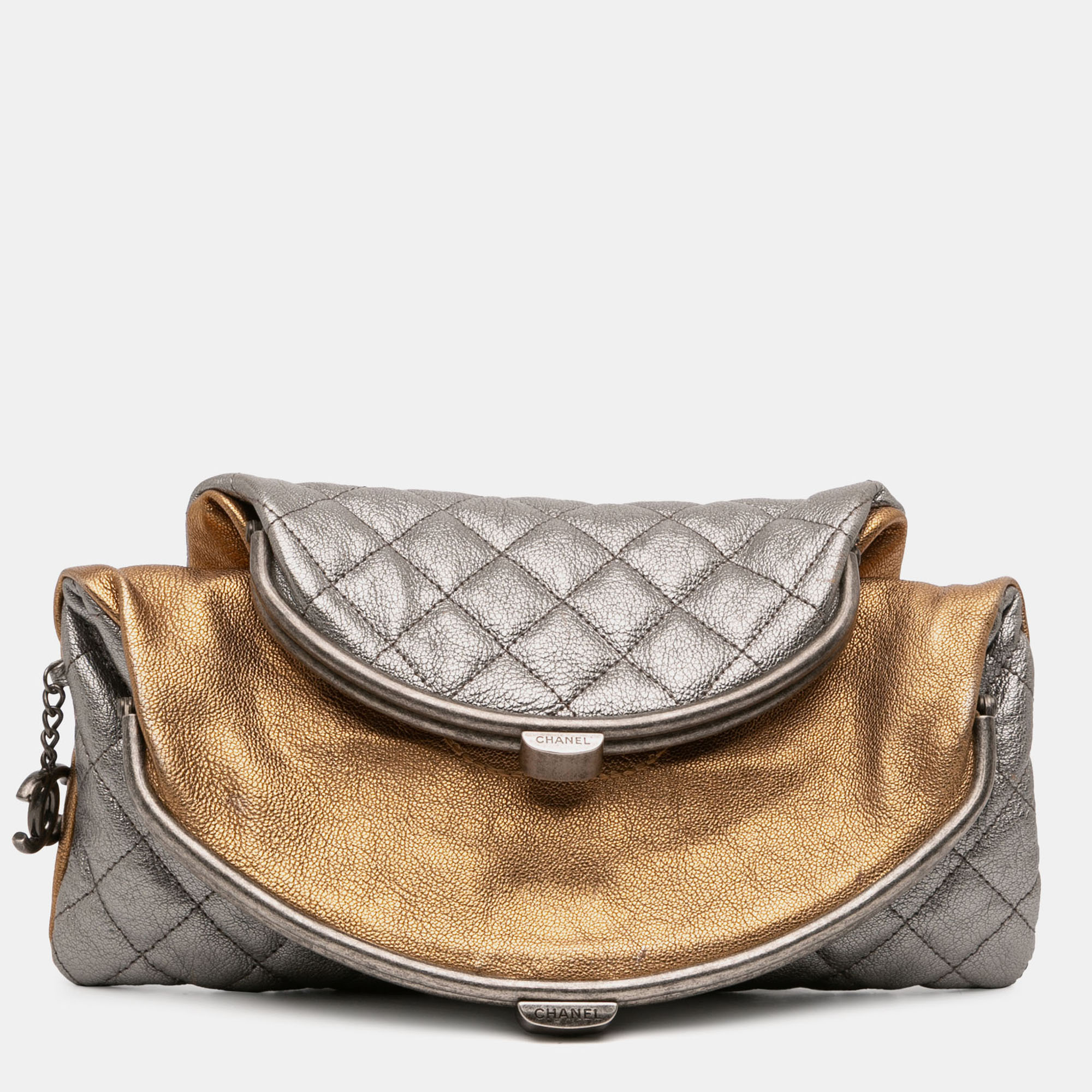 Pre-owned Chanel Gold Silver Quilted Metallic Goatskin Tabatiere Kisslock Foldover Clutch