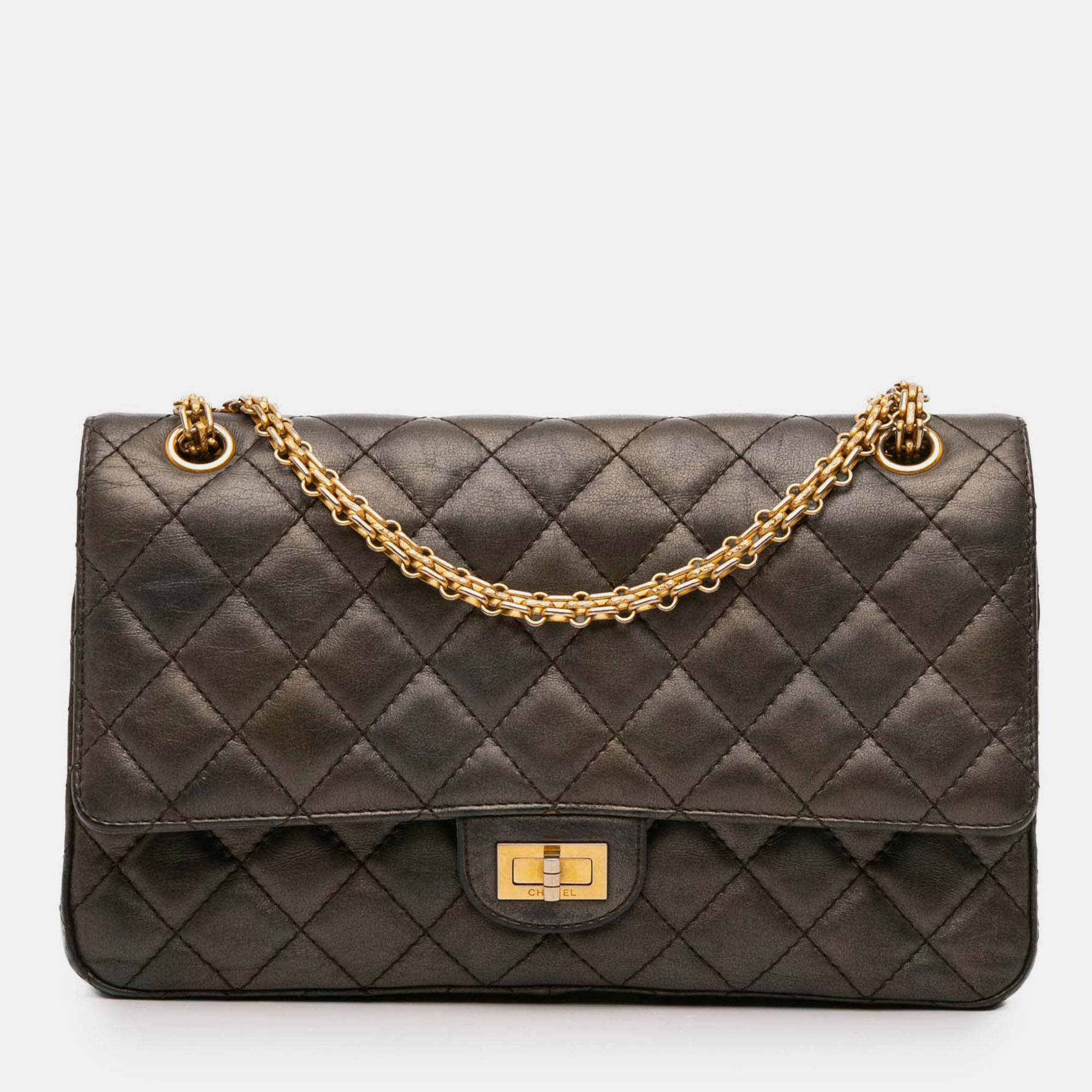 

Chanel Grey Reissue 2.55 Quilted Metallic Lambskin Double Flap 226